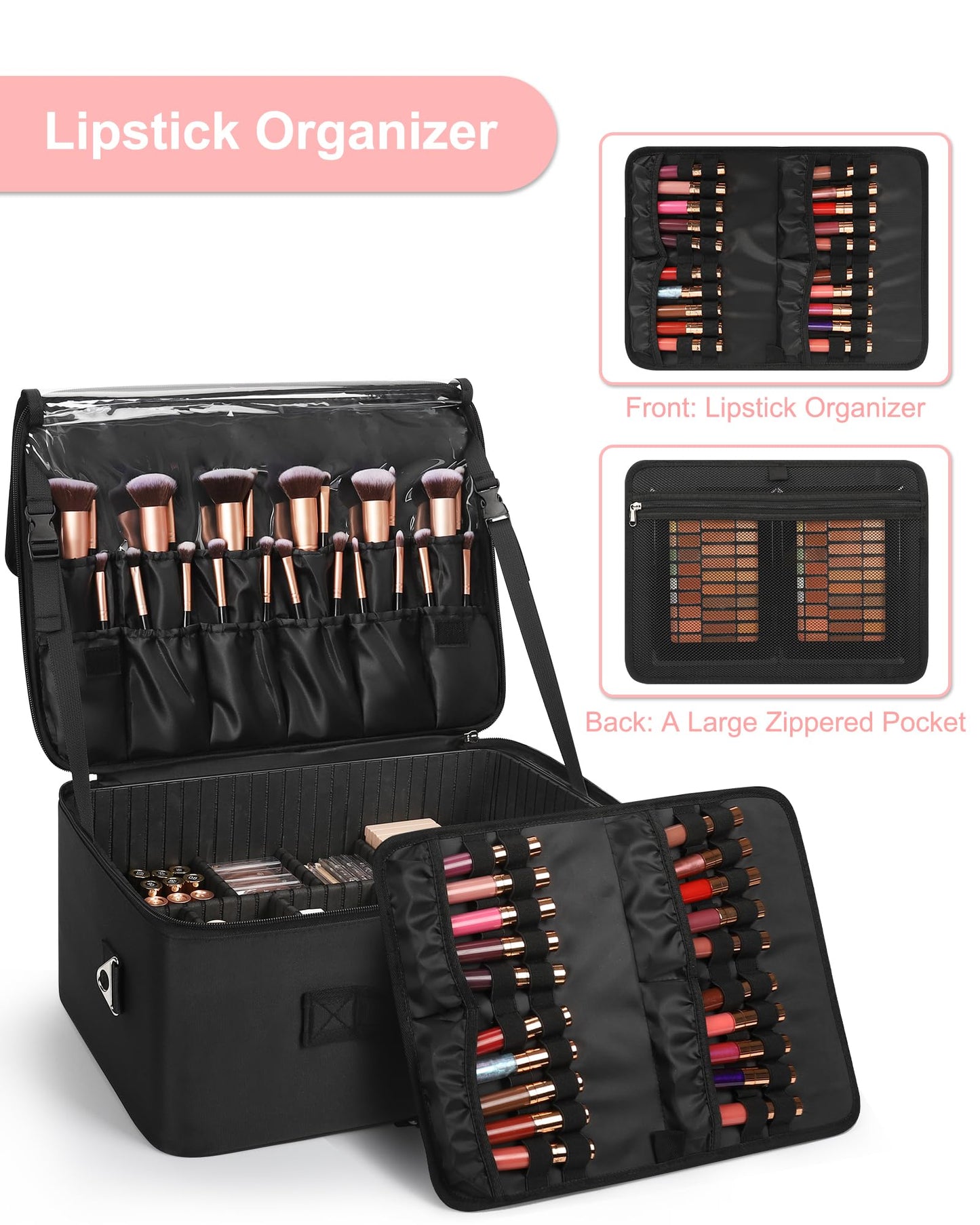 Relavel Extra Large Makeup Case Professional Cosmetic Storage Organizer Box Brush Holder with 8 Clear Set Bags & Lipstick Plate for Makeup Artists with Shoulder Strap & Adjustable Dividers