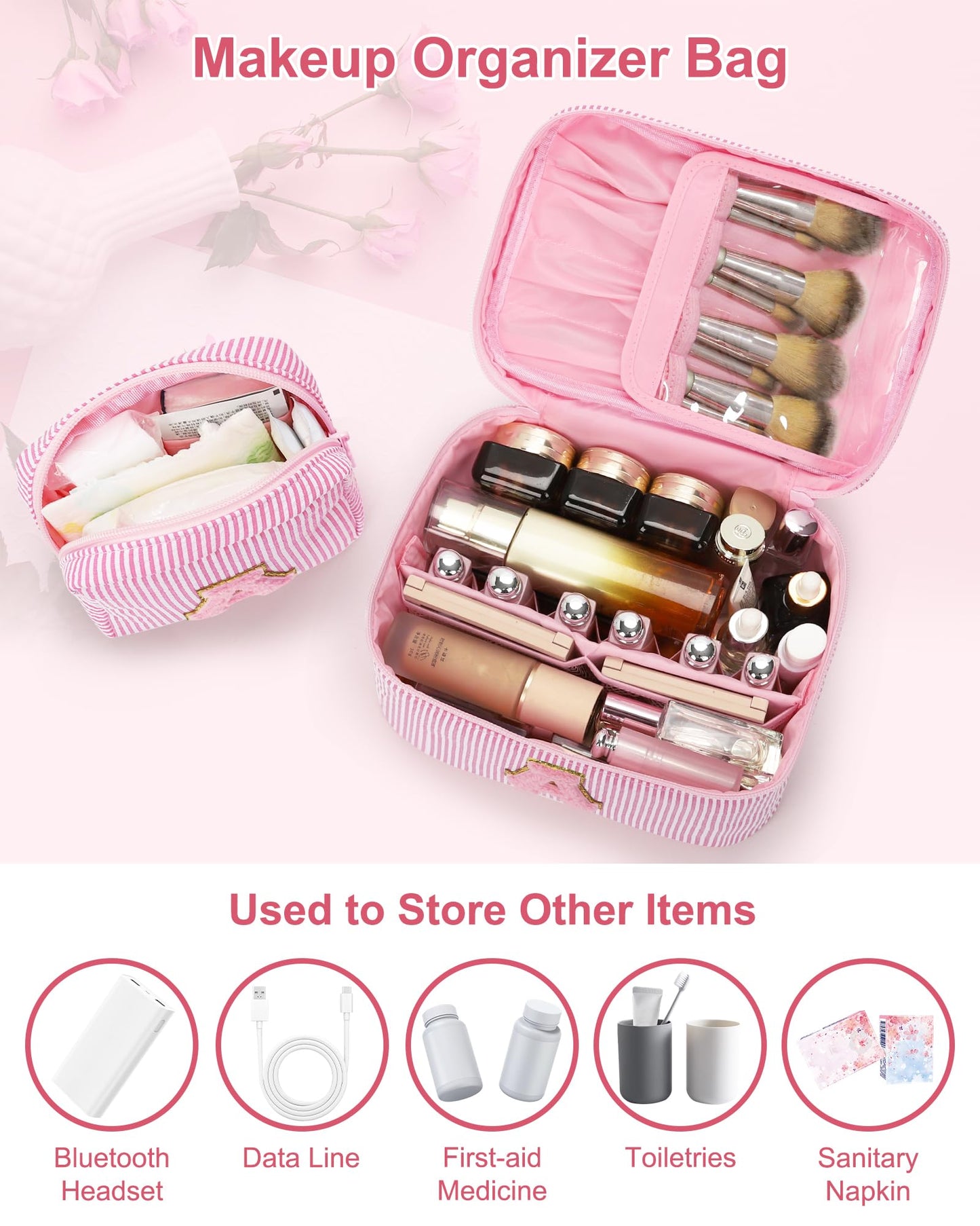 MONSTINA Initial Makeup Bag,Monogram Pouch Gifts for Teens,Personalized Cosmetic Bag for Girls&Women,Cute Letter Make Up Bag,Pink A