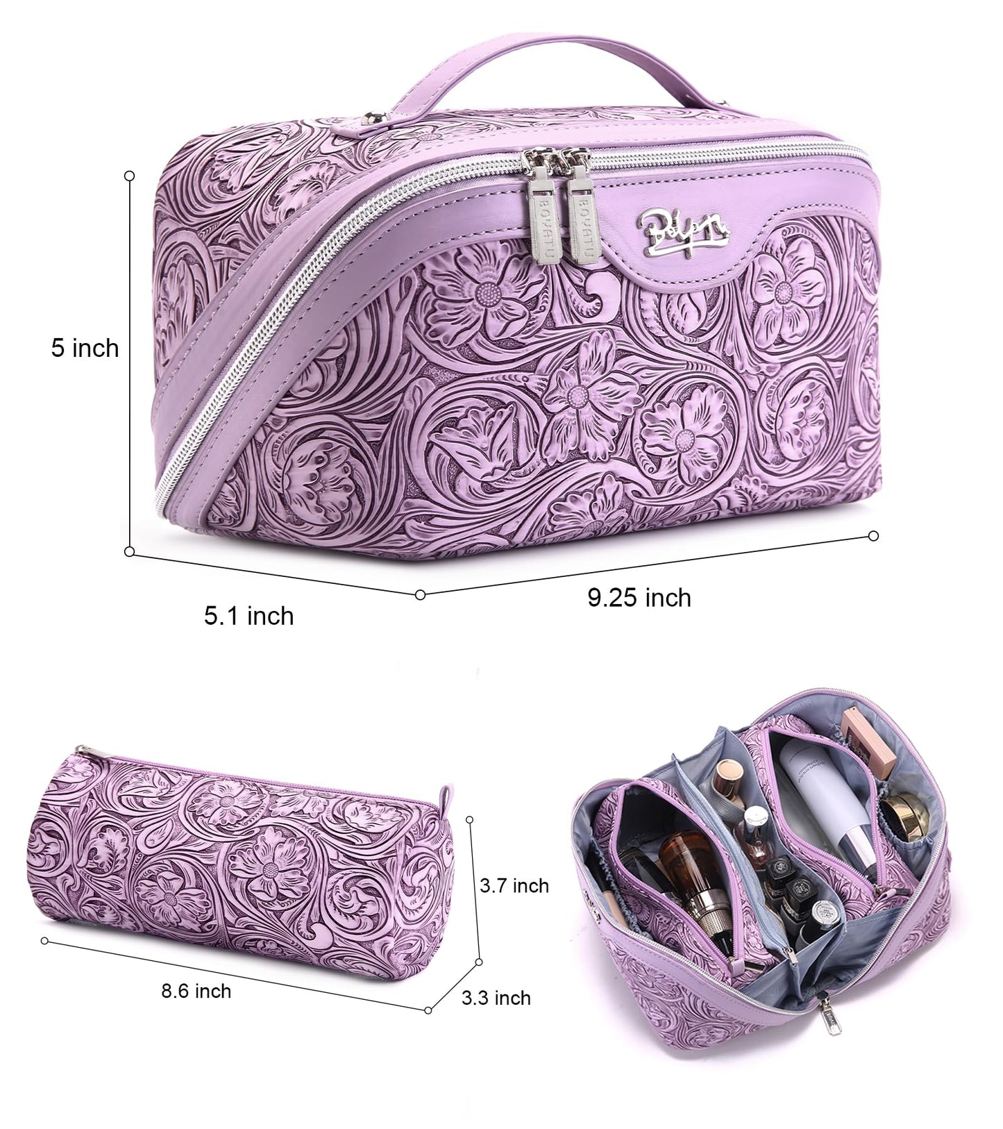 BOYATU Travel Makeup Bags Cosmetic Organizer Bag: 3 Pcs Set Large Capacity Floral Make up Bag with Compartments - Waterproof Leather Toiletry Bags with Handle for Women (21-Purple)