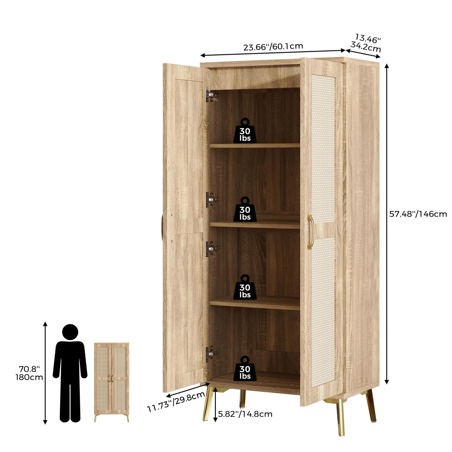 JASIWAY Tall Bathroom Storage Cabinet 57" Rattan Pantry Cabinet, Wood