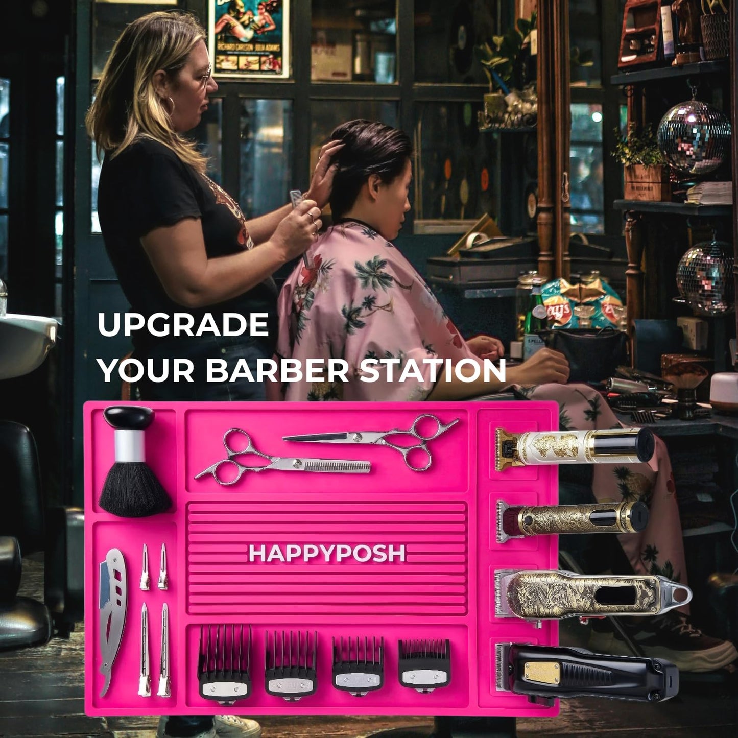 HAPPYPOSH Magnetic Barber Mat, Magnetic Barber Mats For Clippers and Supplies, Barbershop Pad for Station, Beauty Salon Table Mat, Barbering Tool Organizer for Pro Hairstylist, Pink
