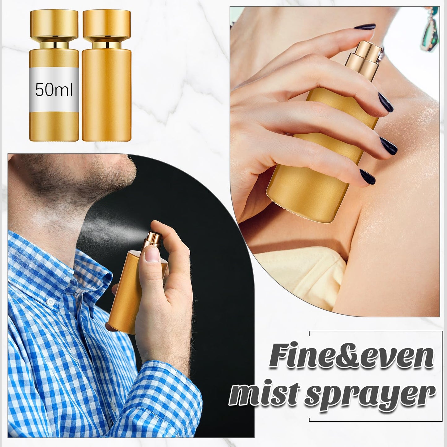 Teenyyou 12 Pack 50 ml Glass Perfume Bottles and Refill Tools Set, Travel Perfume Atomizer Spray Bottles, Portable Empty Refillable Atomizer Decanters with Dispenser Transfer Kit (Gold)