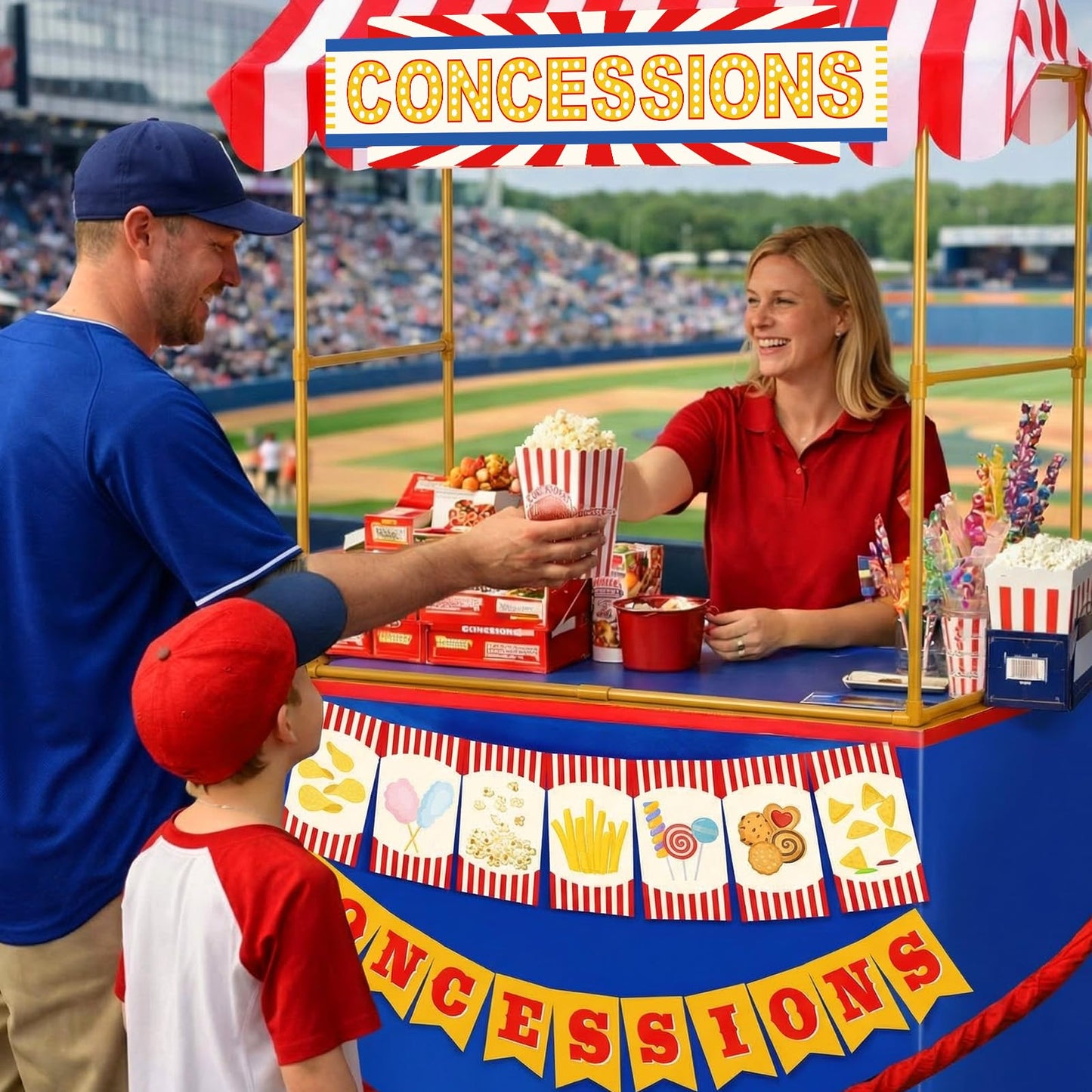 Tioncy 6 Pcs Concessions Stand Kits Hut Decor (Without Table) Include Shelf Banner Roof Pennant Table Skirt for Photo Props Outdoor Themed Party Decor (Desk Is Not Included)