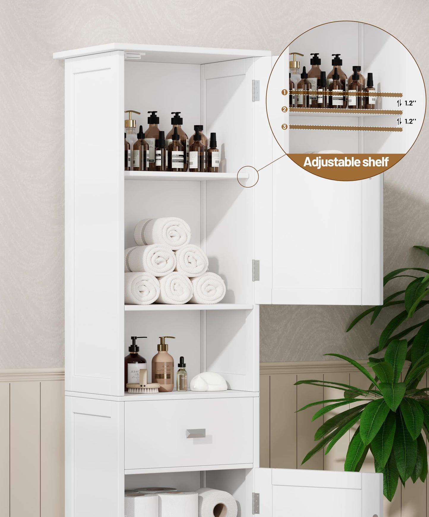 Akxoml Tall Bathroom Storage Cabinet with 2 Doors, 67" H Narrow Floor Cabinet with Adjustable Shelves and Drawer, Anti-Tip Design, 11.0 x 12.6 x 66.9 Inches, for Bathroom, Kitchen，Entryway, White