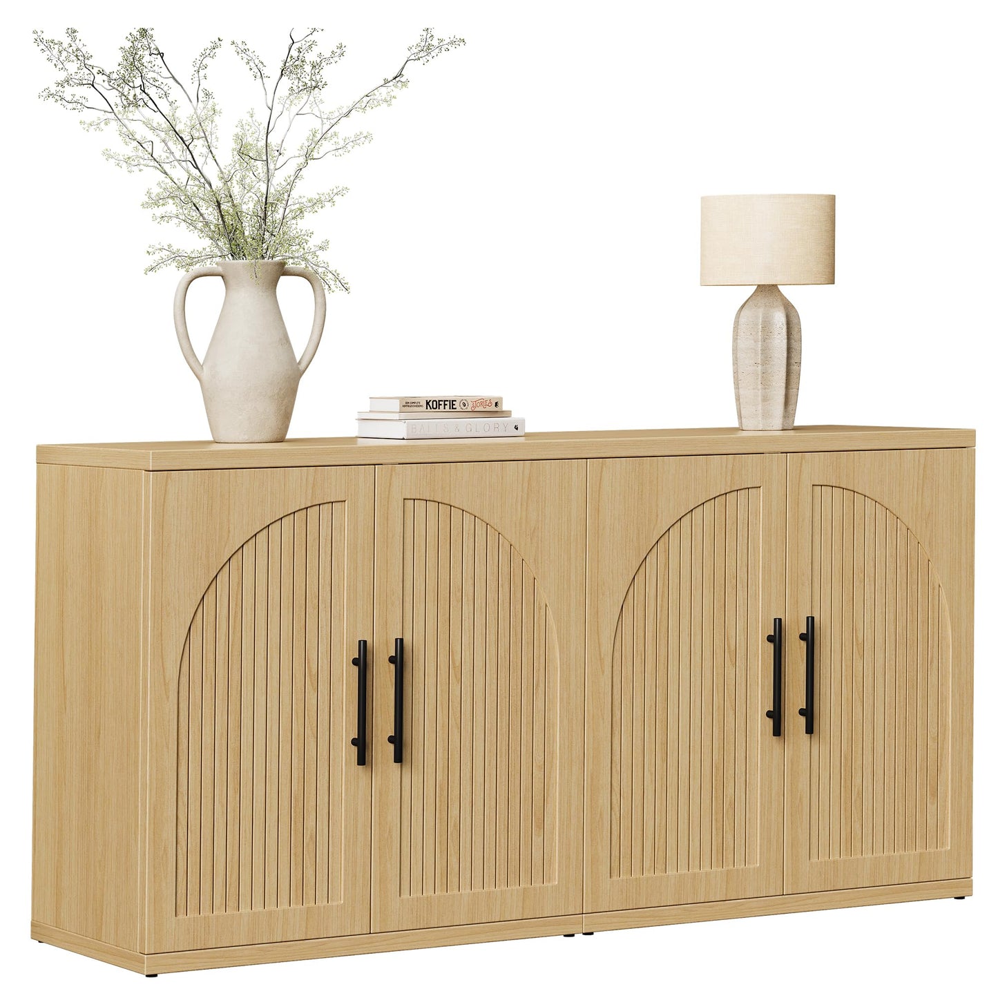 MapleGrace 63" Fluted Buffet Cabinet with Storage, Modern Symmetrical Arched Sideboard Credenza with Adjustable Shelf, Elegant Wood Console Table for Dining Room, Kitchen, Living Room(Oak)