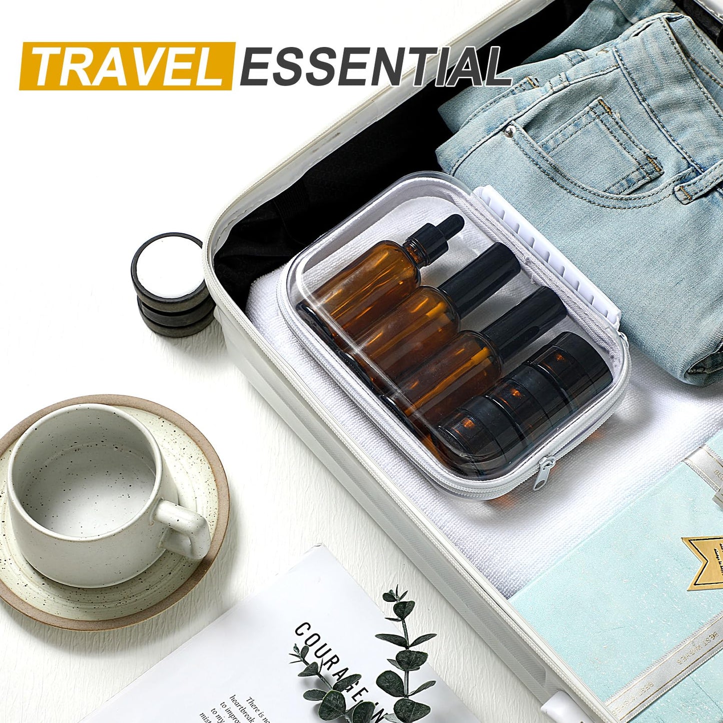 Qiyaz 11 Pcs Glass Travel Bottles with Clear Hard Zipper Case Skin Care Containers Travel Size Mini Makeup Containers Tsa Approved with Pump Spray for Liquid Toners Serum Cream(Brown,Style 2)