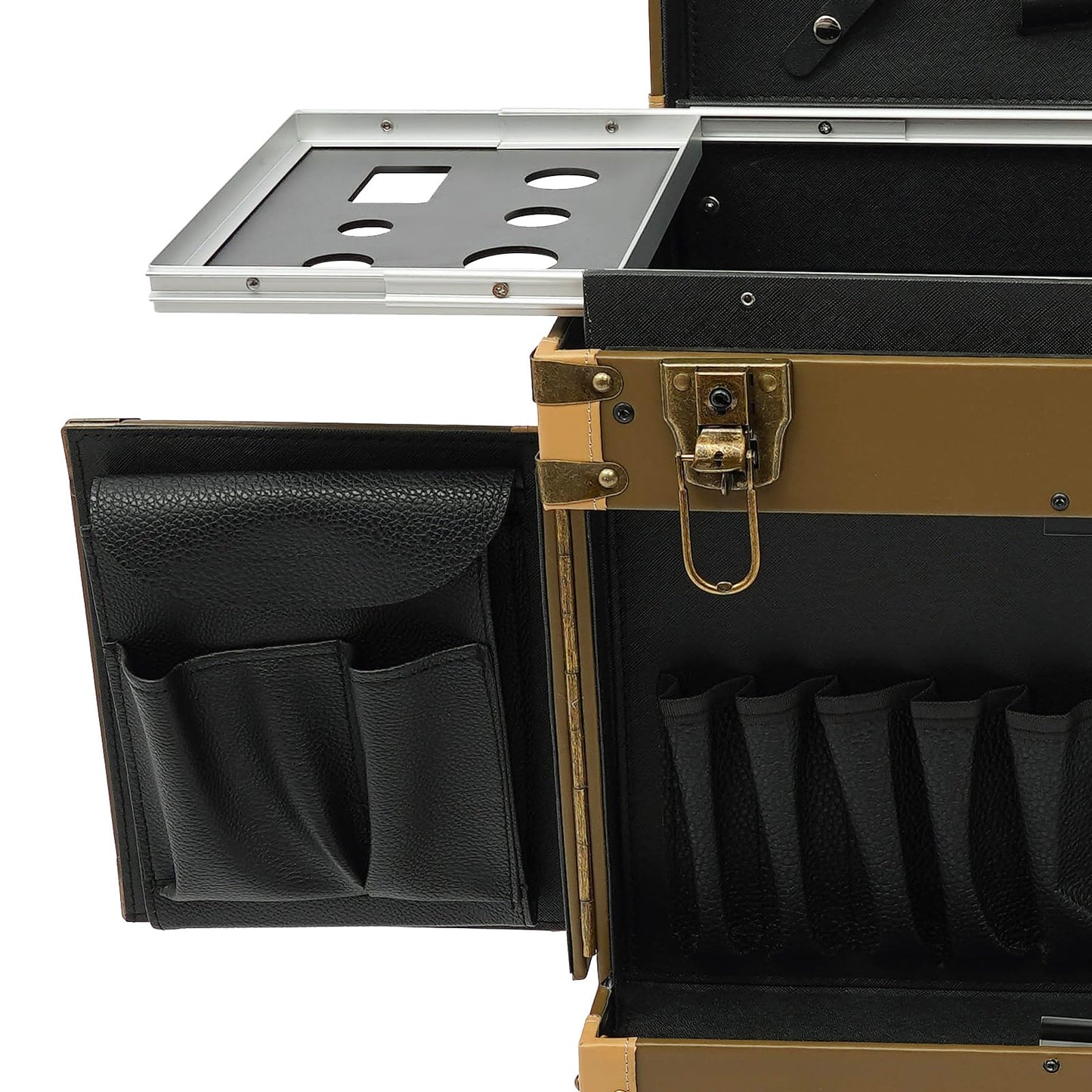 MRFIOJYDR Rolling Makeup Train Case, Travel Stylist Case Lockable Hairdressing Trolley Clipper Trimmer Box Barber Station Cosmetic Organizer Train Case on Wheel for Hair Salon Make Up (Gold)