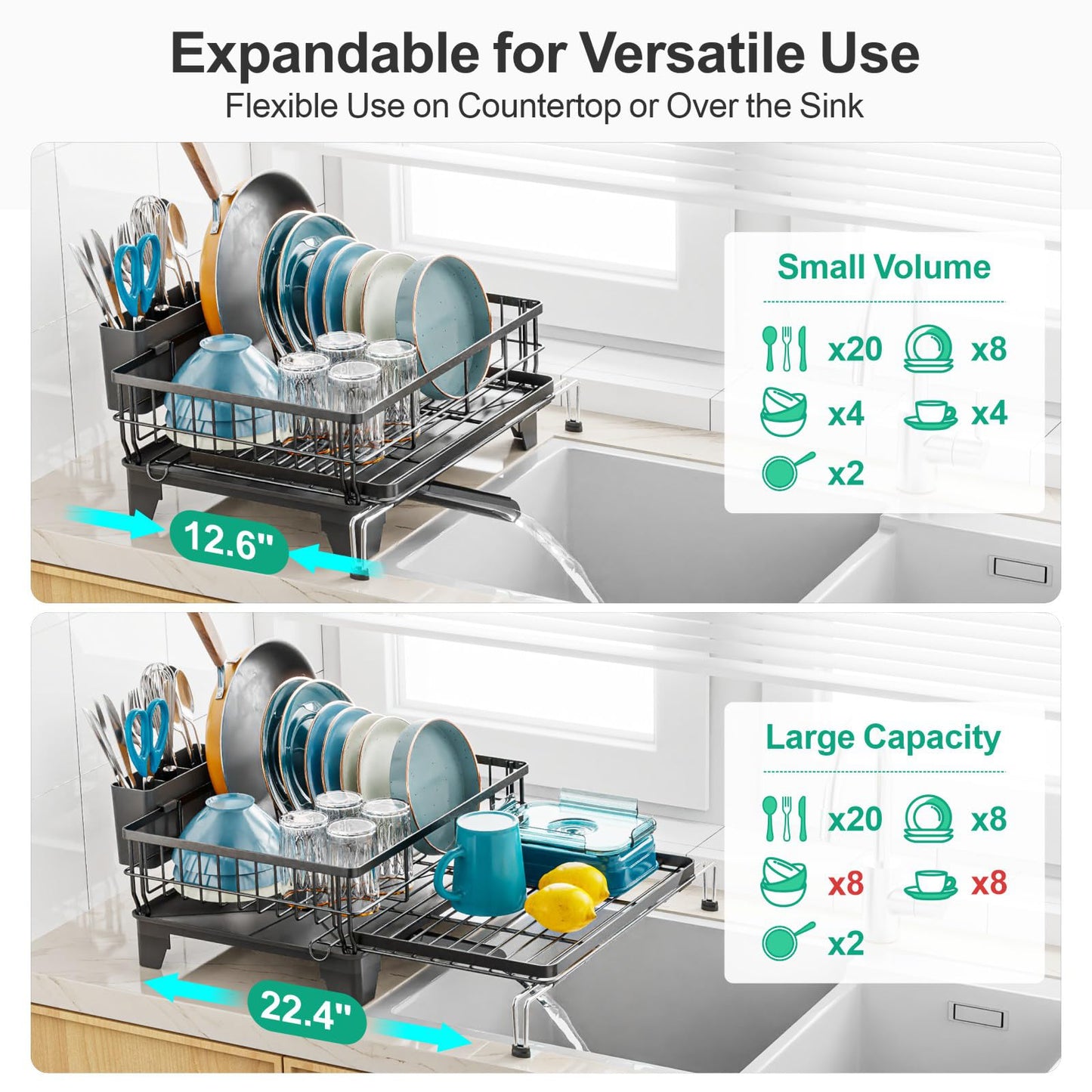 GSlife Expandable Dish Drying Rack for Kitchen Counter, Large Capacity 2-in-1 Rust Resistant Dish Drainer with Swivel Spout and Pull Out Over Sink Extension, 16.7" W x 12.6"-22.4" L, Black