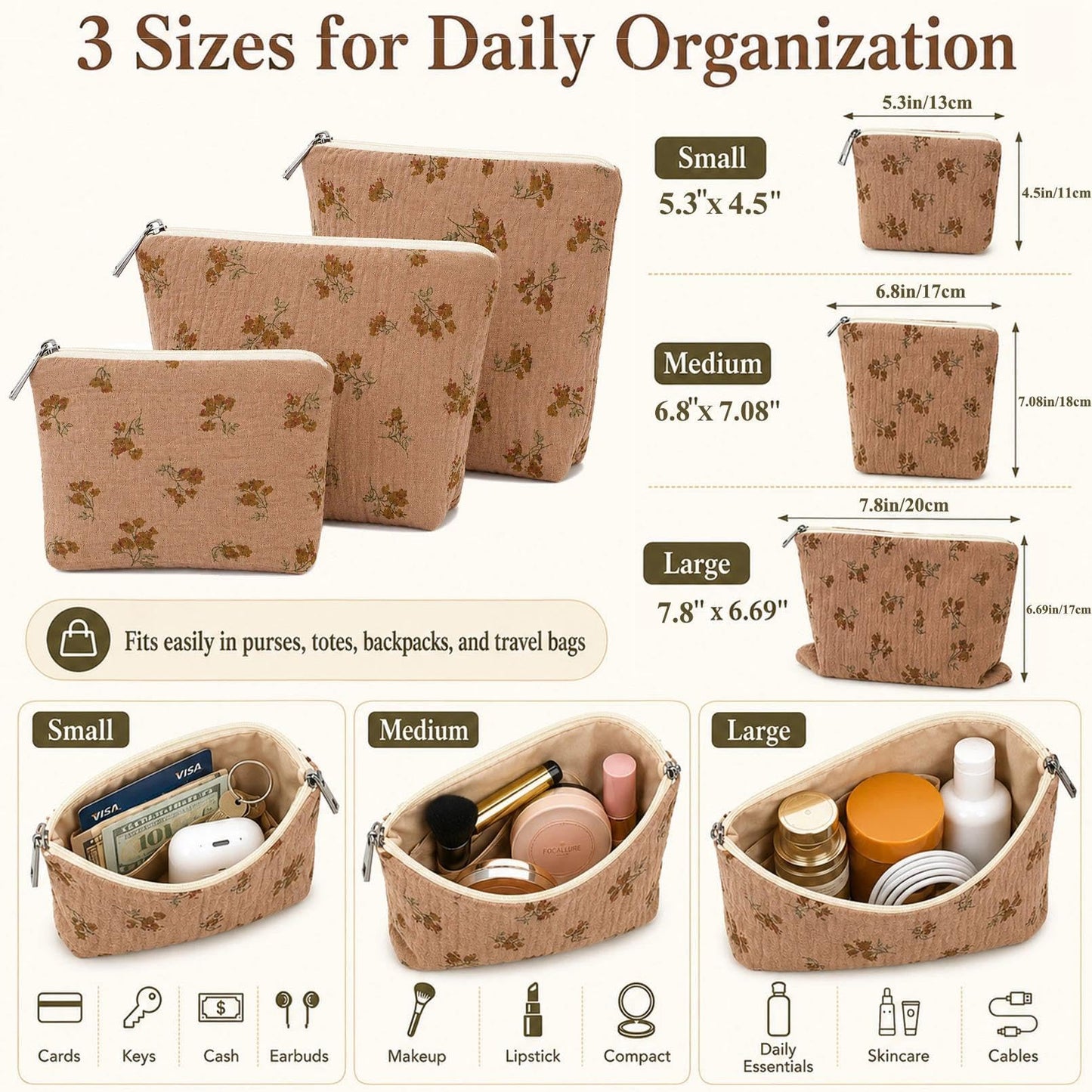 BBORGDC Small Bags for Purse Set of 3, Cute Cotton Floral Purse Organizer Bags, Small Makeup Bag Pouches with Inside Pocket, Cosmetic Pouch Set for Travel & Daily Essentials