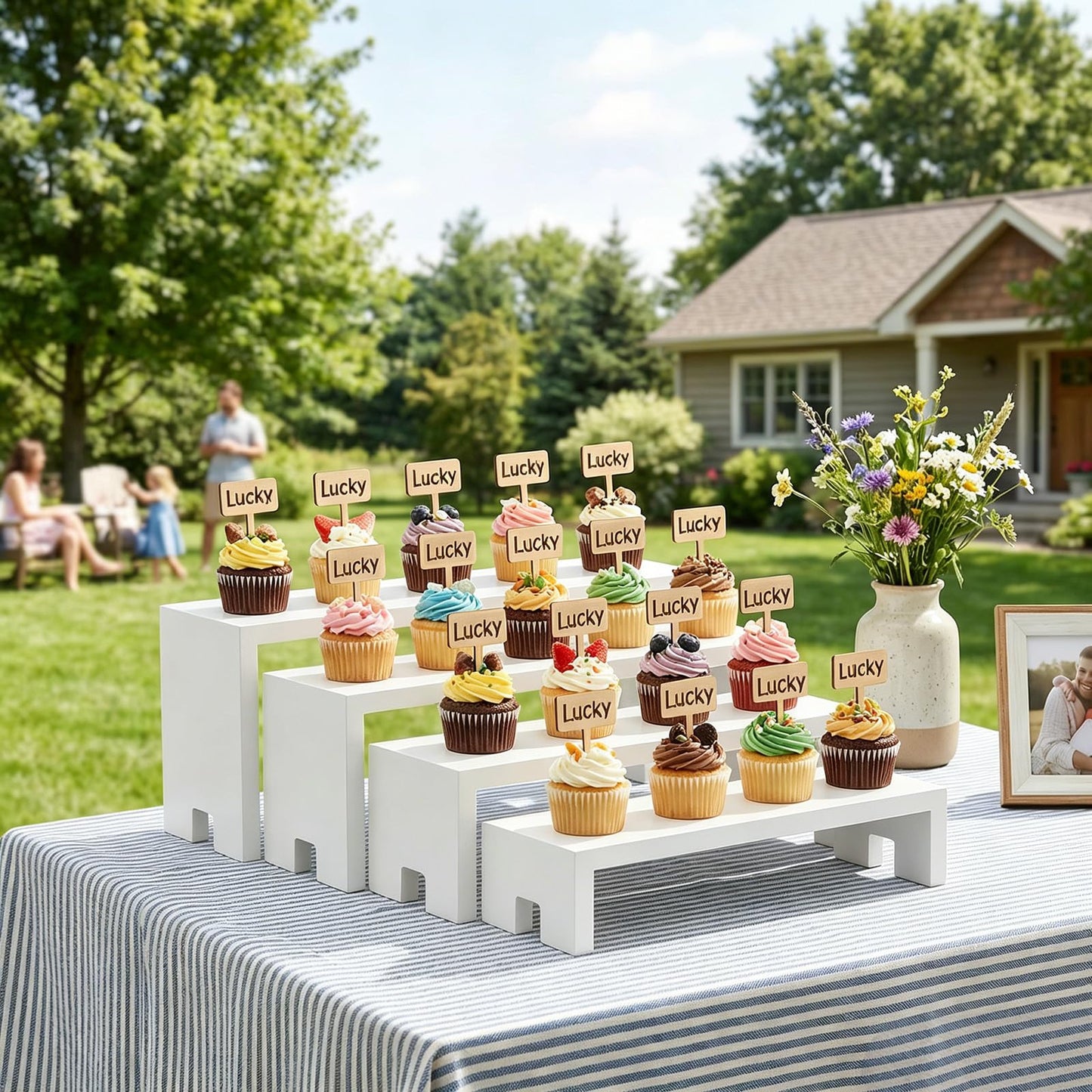 2 Set Large White Display Risers Wooden Tiered Risers Stand 4 Tiered 8Pcs Wood Display Riser Set Layered Aesthetic Shelves Stackable Wooden Cupcake Stand Racks Cupcake Stands Perfume Displays Stands