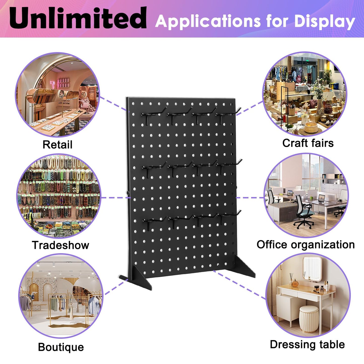 Peg Board Display Stand for Vendors with 12 Hooks Metal Tabletop Pegboard Display Stand for Craft Shows 17" X 13" Retail Display Racks Peg Board Organizer Holder Black