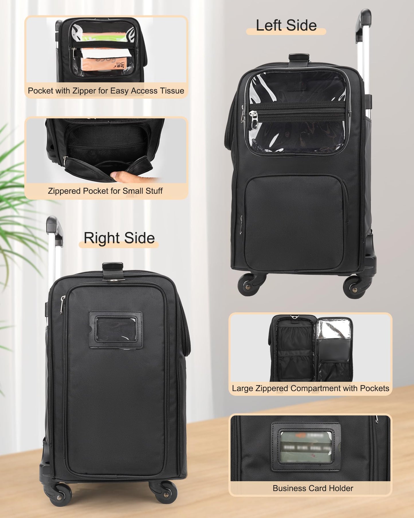 Relavel Rolling Makeup Train Case with 4 Pcs Clear Makeup Bags, Hairstylist Traveling Bag with 4 Wheels, Heat Insulation Full Layer, Adjustable Dividers, Hair Tools and Cosmetics Storage Organizer