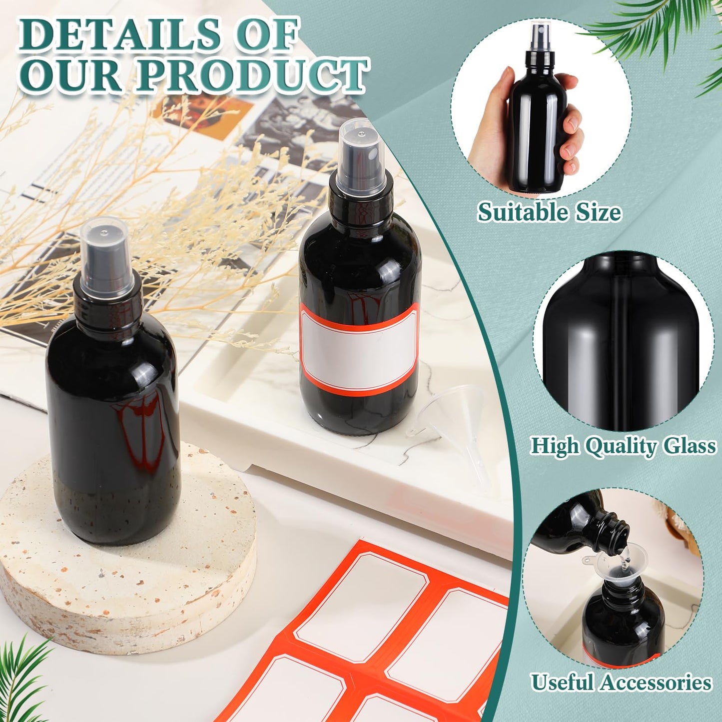Fumete 36 Pcs Glass Spray Bottles 4oz Fine Mist Glass Spray Bottle Refillable Liquid Containers with 6 Labels 6 Funnel for Hair Travel Plants Cleaning Solutions Skin Care(Black,Classic)