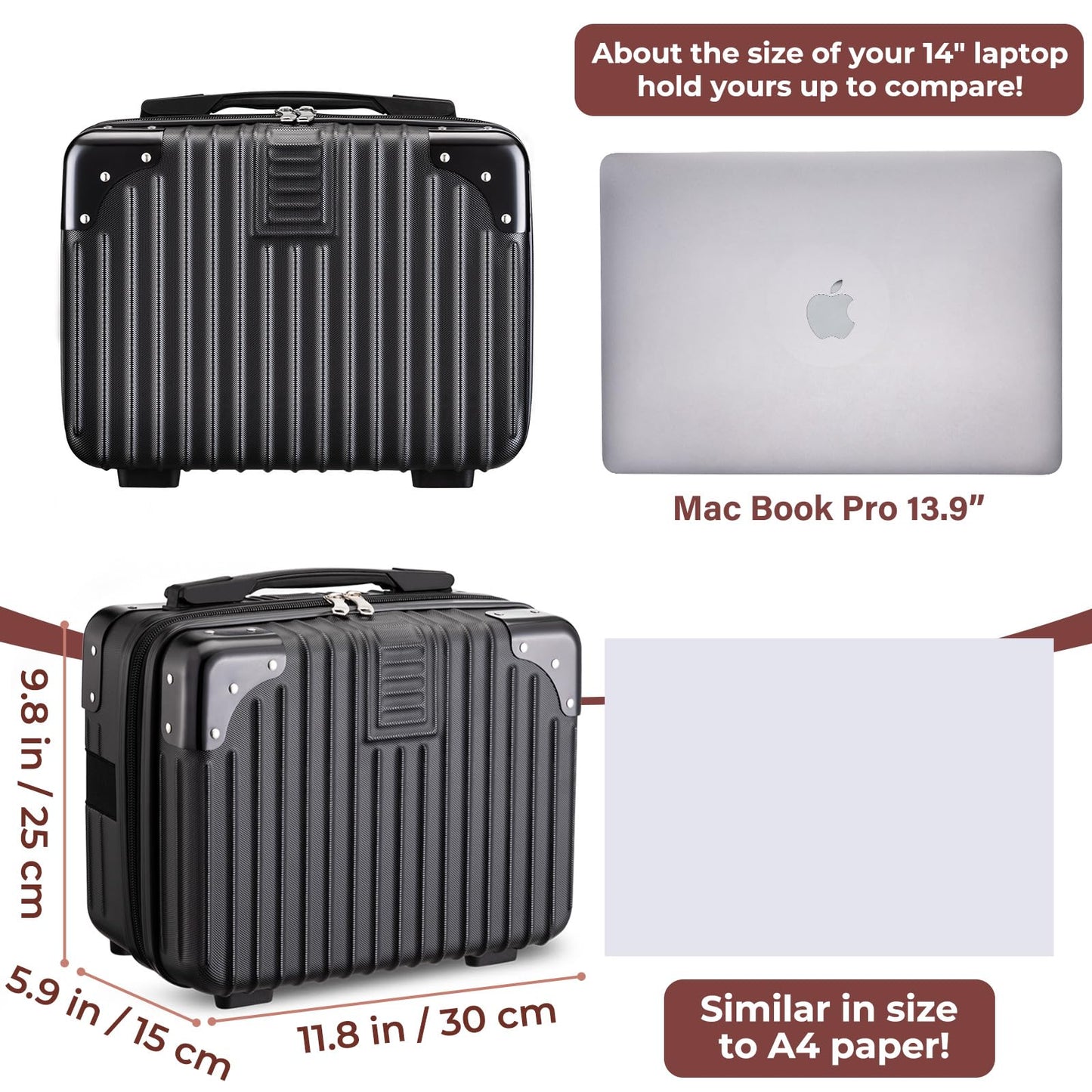 Noverlife 14 Inch Portable Hard Shell Cosmetic Travel Case, Mini Travel Hand Luggage with Elastic Band Travel Makeup Case, Small Makeup Carrying Suitcase for Train Cosmetic Bag Travel Camping - Black