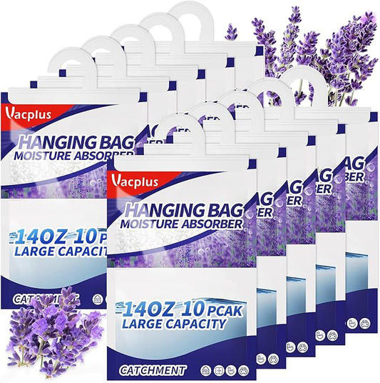 Vacplus Moisture Absorbers, Hanging Closet Dehumidifier Bags, Humidity Packs, Desiccant, Closet Dehumidifiers with Lavender Fragrance, 10 Pack, 14.0 OZ