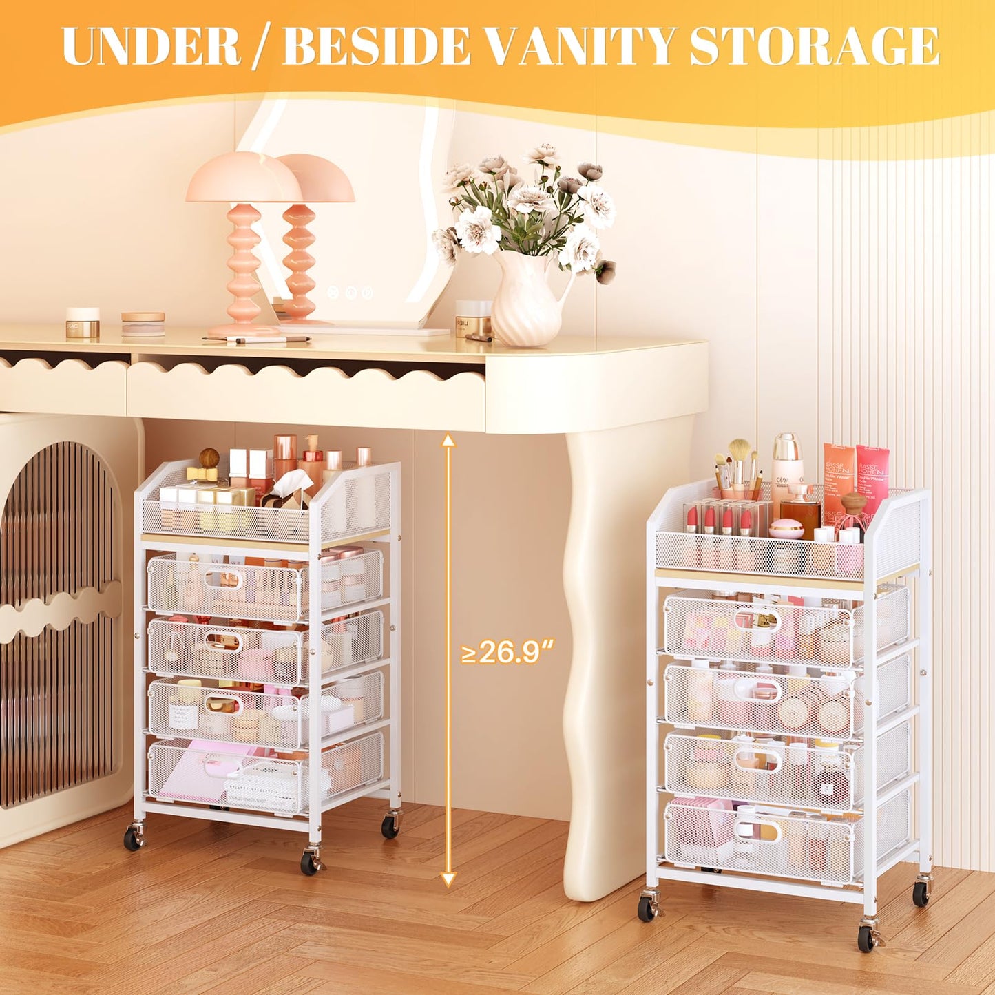 SUNALLY Makeup Organizer Cart with 4 Drawers, Rolling Makeup Storage Cart Metal Skincare Organizers, Large Vanity Storage Organizer Cosmetics Display Cases for Skin Care Perfume Nail Polish, White