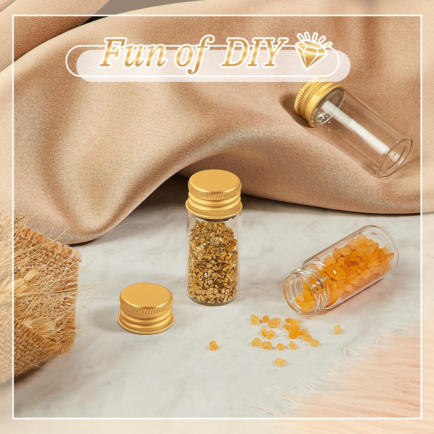 Didaey 100 Pcs Small Clear Vials Spice Mini Jars with Lids Mini Glass Bottles with Screw Aluminum Metal Caps Tiny Jars Sample Containers for Powder Cream Cosmetic Jewelry Wedding (10 ml,Gold Caps)