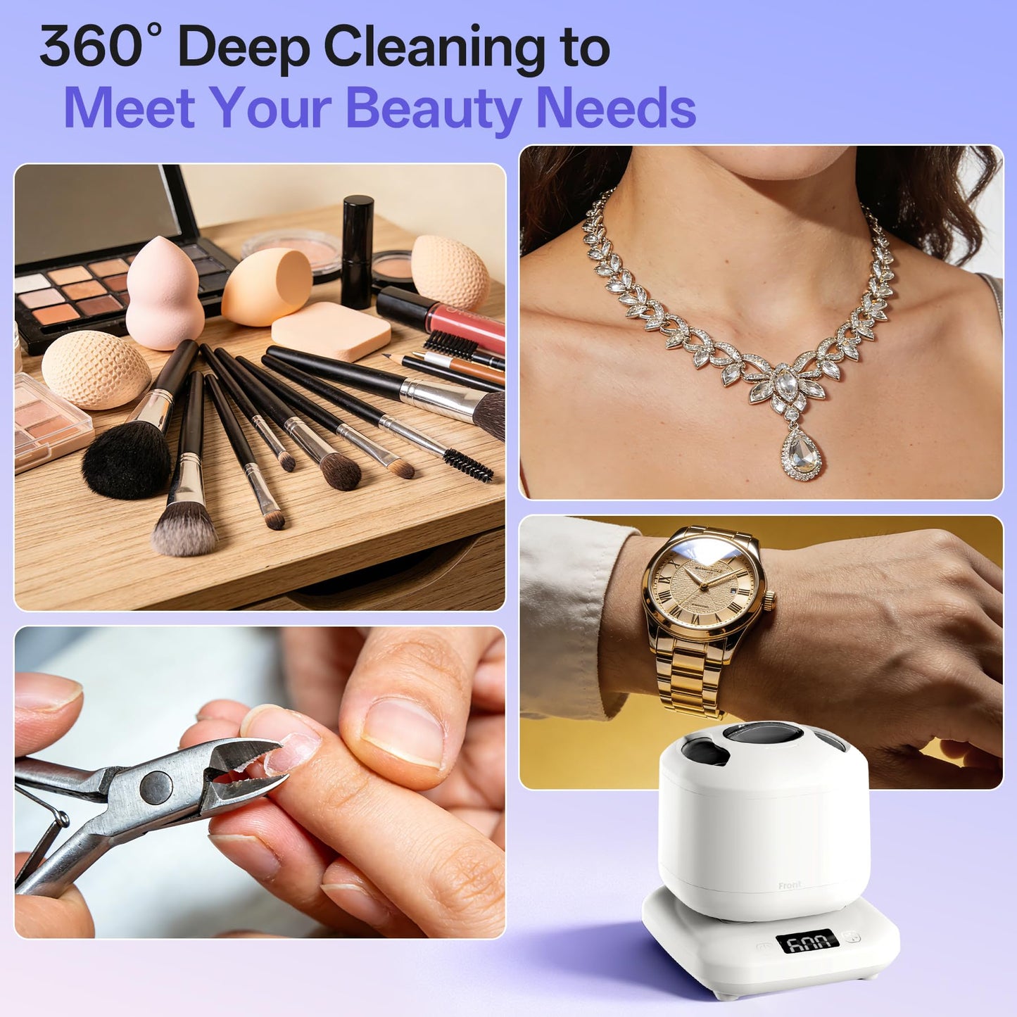 Ultrasonic Makeup Brush Cleaner Electric Machine with U-V, Automatic Cosmetic Brushs Washer Portable Deep Cleaning for Beauty Makeup Brush Set, Blush Brush, 4 Modes with Visible Window Digital Timer