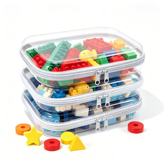 SXS LACONIC Clear Hard Plastic Zipper Case,Transparent Double Zippers Hard Pouch with 3pcs,Portable Travel Organizer Bin for Toy Storage