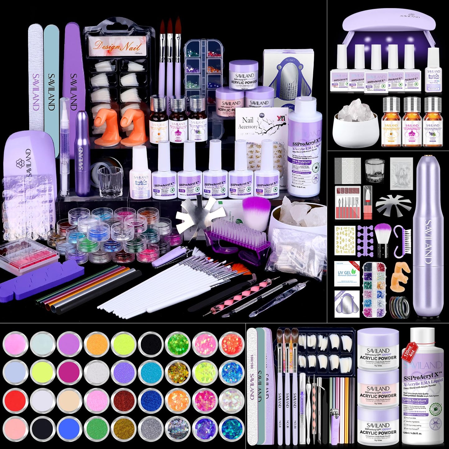 SAVILAND Nails Kit Acrylic Set: Professional Acrylic Nail Kit with Nail Tranning Mat Nail Art Brush Nail Drill Nail Polish with Dryer for Nail Extension Carving