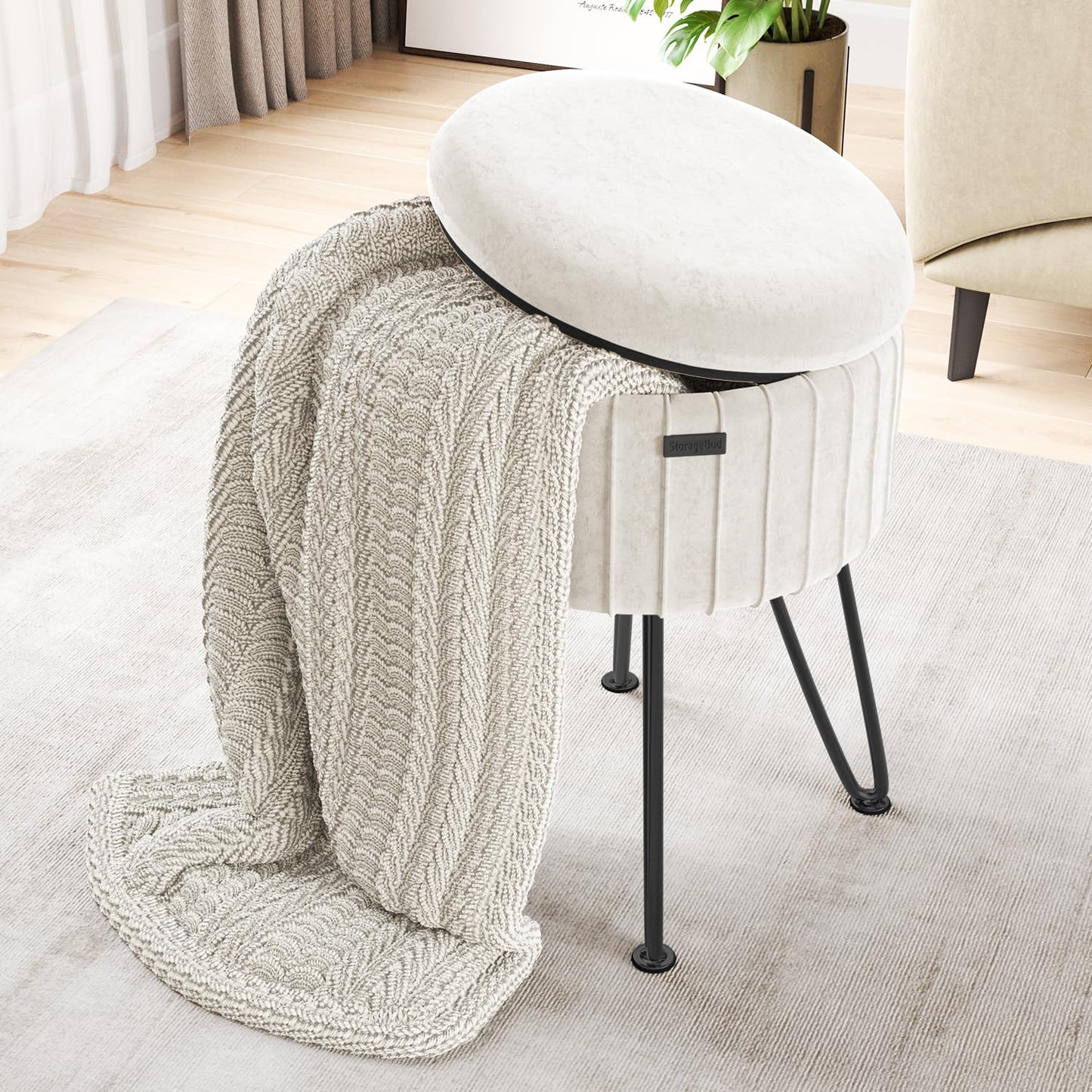 STORAGEBUD Round Ottoman with Storage, Pleated Velvet Storage Ottoman, Foot Stool Ottomans, Makeup Vanity Stool, Small Ottomans Foot Rest, Modern Vanity Stools for Living Room and Bedroom, Cream