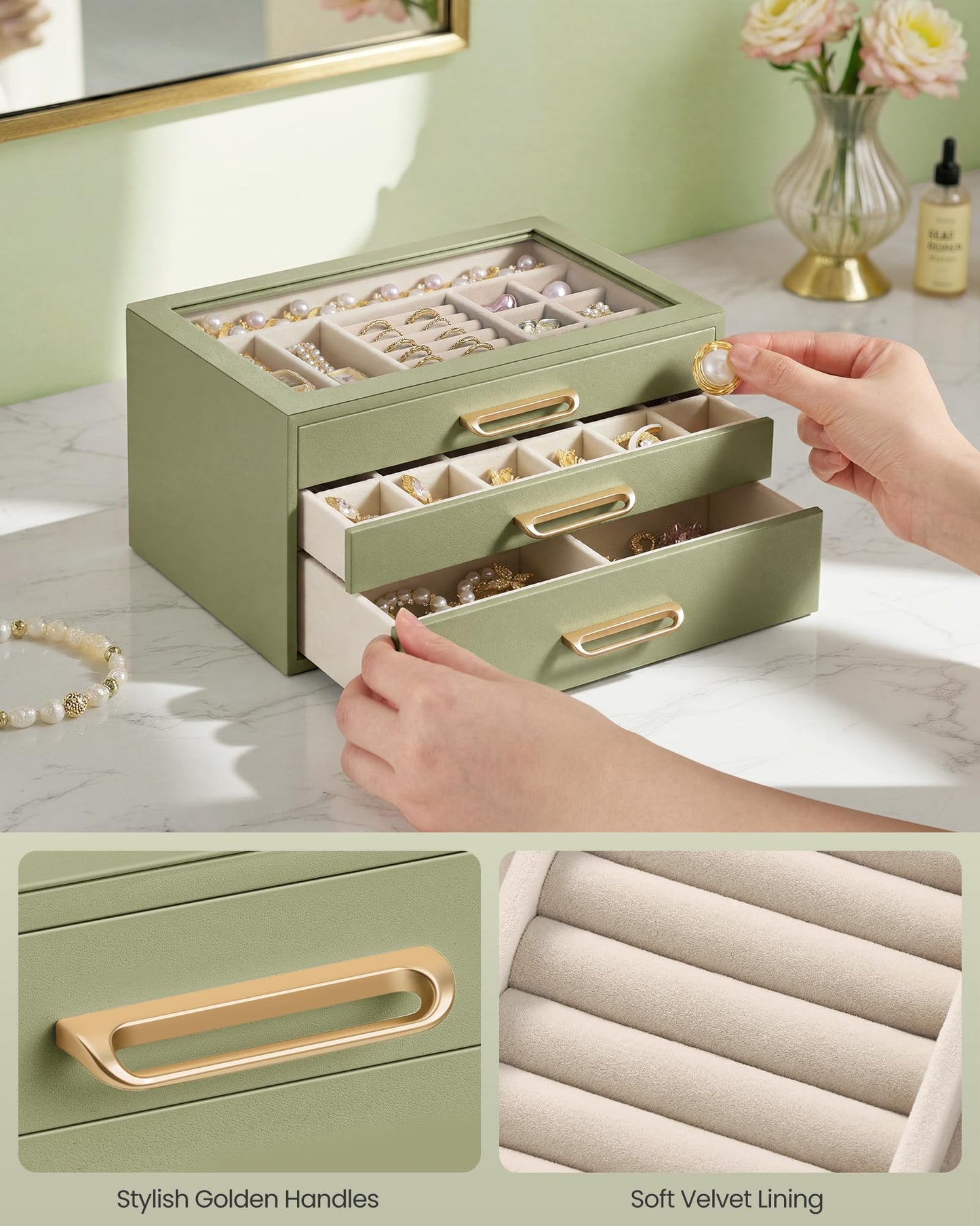 SONGMICS 3-Layer Jewelry Box with Glass Window, Jewelry Storage Organizer with 3 Drawers, Golden Handles, for Rings, Earrings, Bracelets, Gift Idea, Sage Green, 6.3 x 9.4 x 4.9 Inches UJBC206CE01S