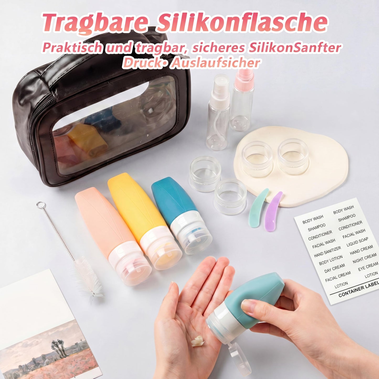 Jingmore 15 Pcs Travel Bottles Set for Toiletries PU Leather Toiletry Bag Travel Size Mini Makeup Containers Silicone Toiletry Bottles Pump Spray for Liquid Serum Cream Lotion Skincare Shampoo(White)