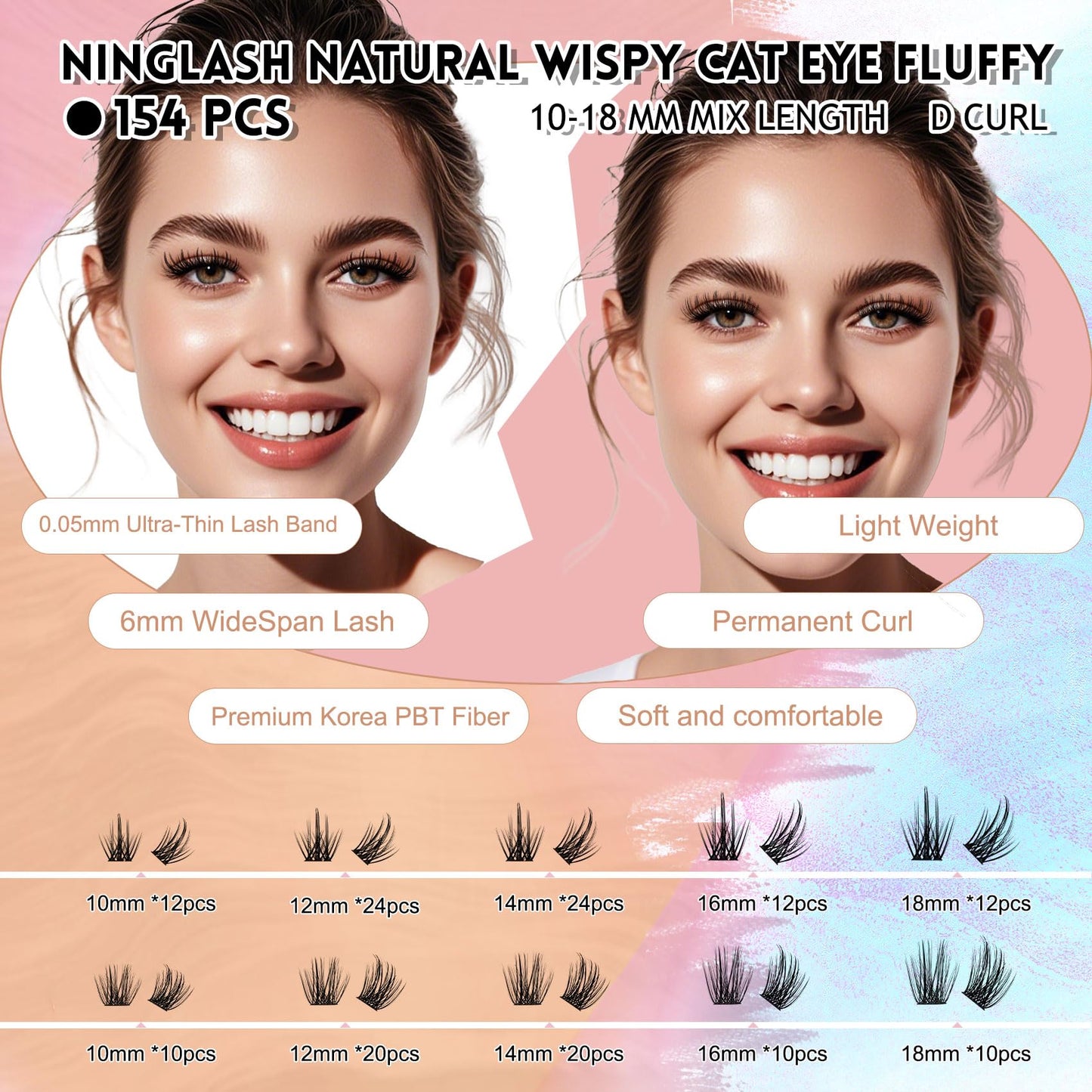 NINGLASH Royale Lash Clusters Kit Wispy DIY Eyelash Extension, 2 Styles 154pcs Individual Natural Lashes Spikes Cluster Eyelashes Lash Bond and Seal Remover Tweezer Comb Brush