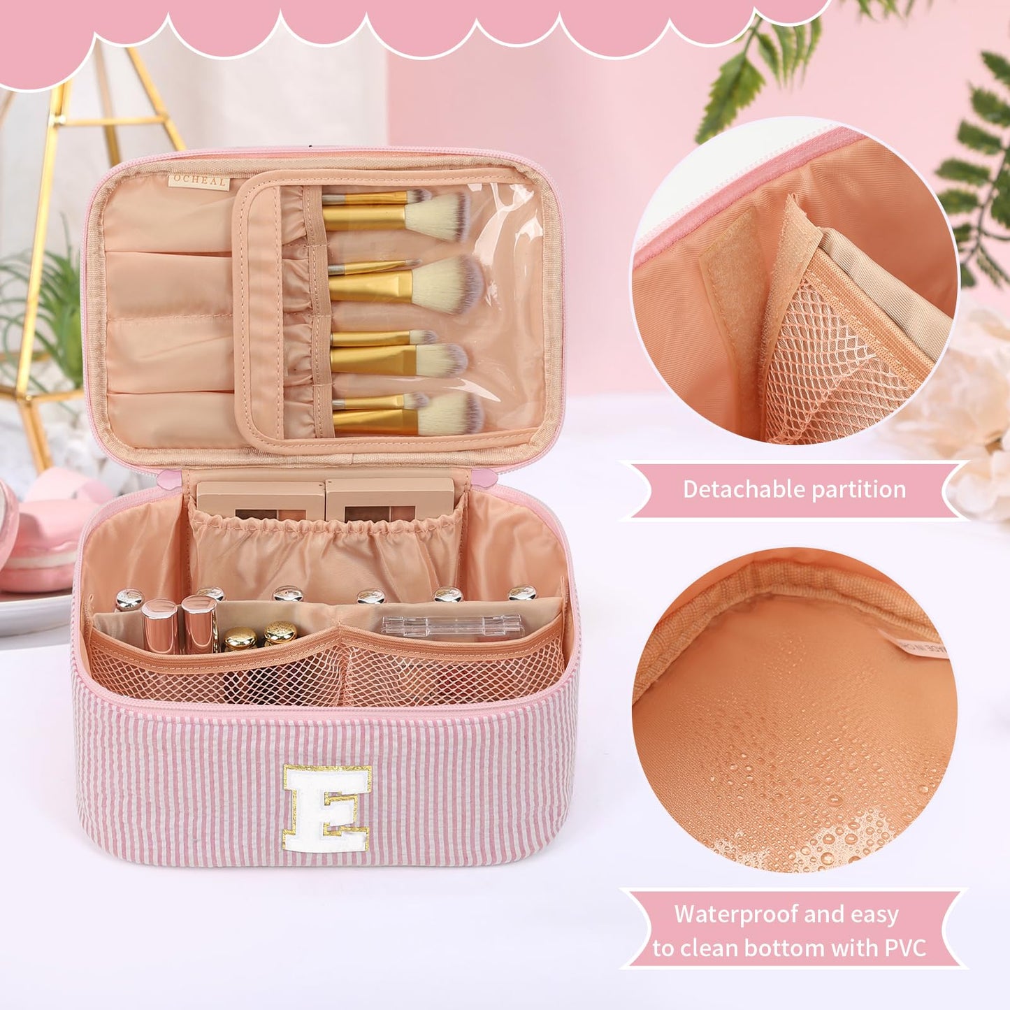 OCHEAL Makeup Bag for Women, Monogram Cosmetic Bag Pink Travel Makeup Case Beauty Toiletry Bag Organizer Personalized Gifts for Girls Bridesmaid, Sister, Wife, Friends Initial E