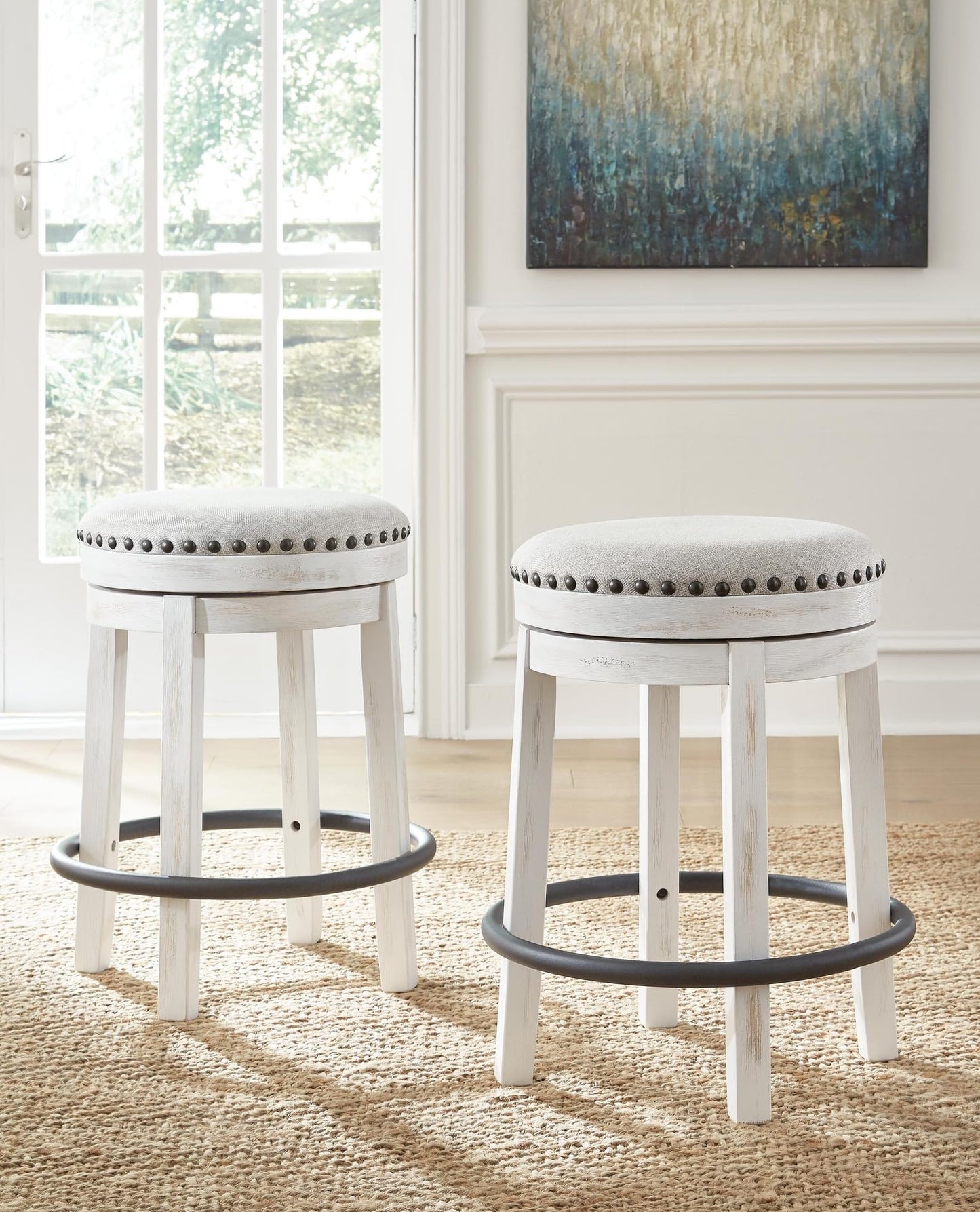 Signature Design by Ashley Valebeck Casual Upholstered Swivel Stool, Round Metal Footrest, Nailhead Trim Detail, Wood, 24", White & Black