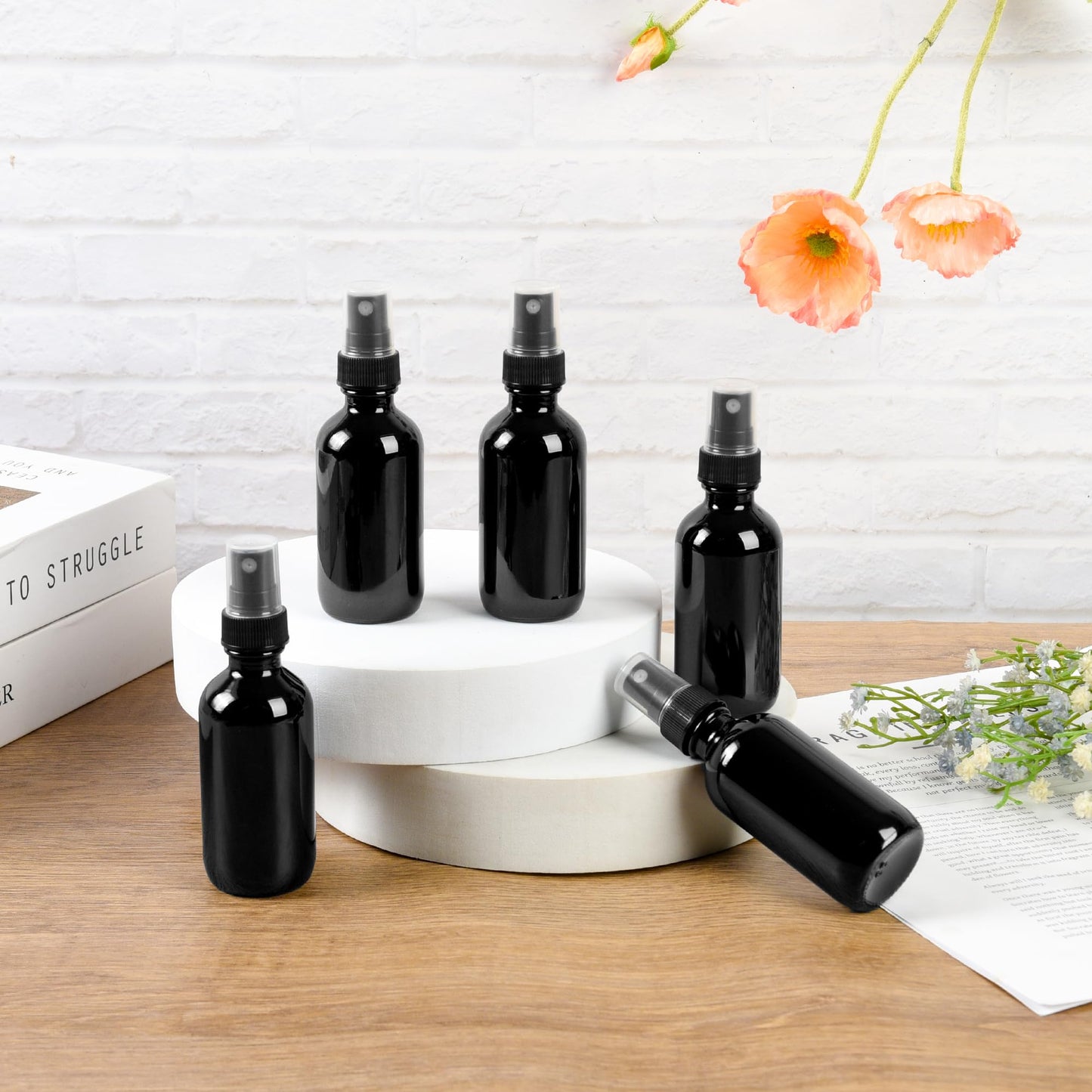 BILLIONSTARS 24 Pack 2oz Glass Boston Round Bottle with Fine Mist Sprayer - UV Black - Essential Oils, Bath, Beauty, Hair & Cleaning - Leakproof Travel Bottles