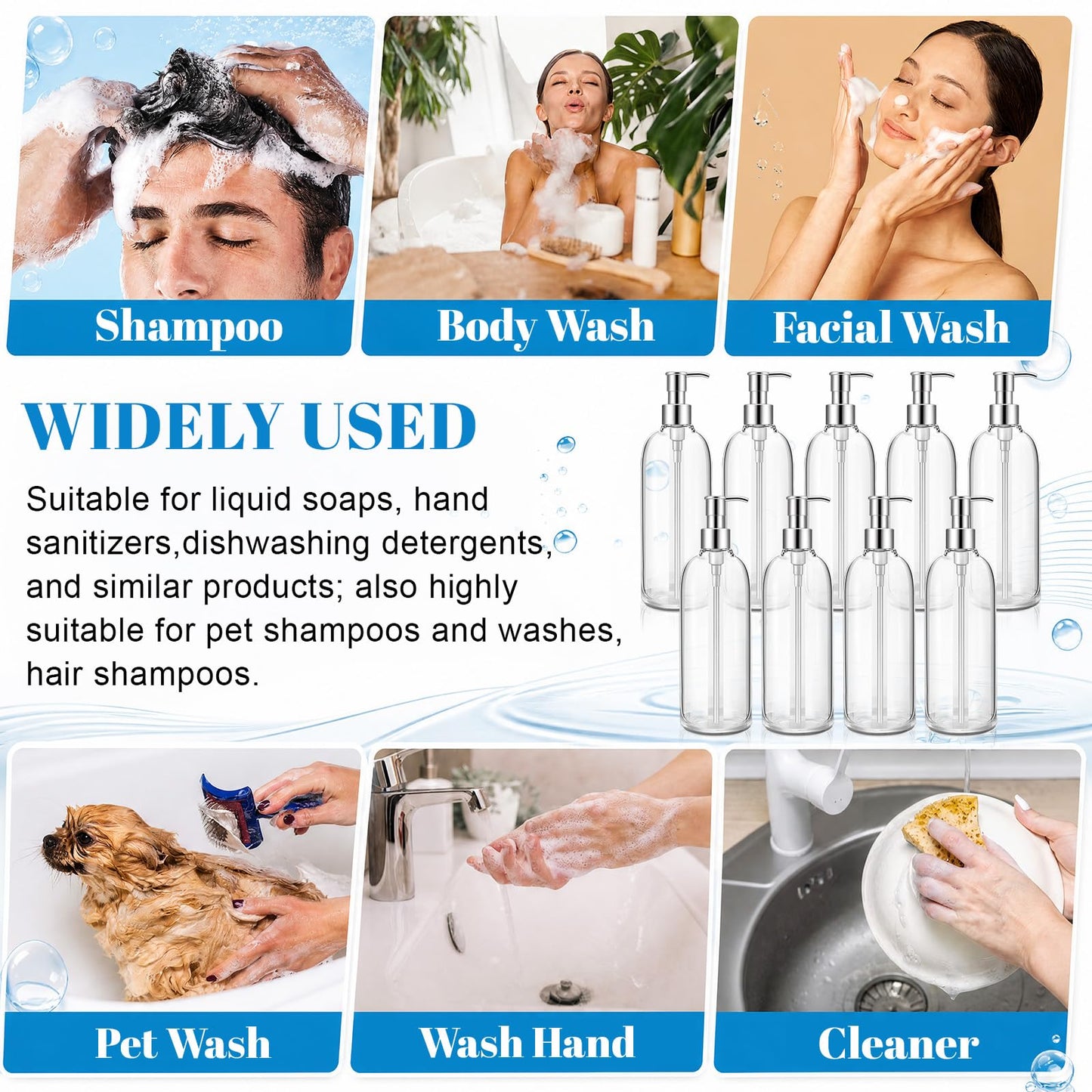Domensi 18 Pcs 16 oz Clear Plastic Soap Dispenser Bottles with Pump, Refillable Foaming Soap Dispenser, Portable Shampoo Cylinder Bottles for Lotion, Shampoo, Kitchen, Bathroom & Travel Use