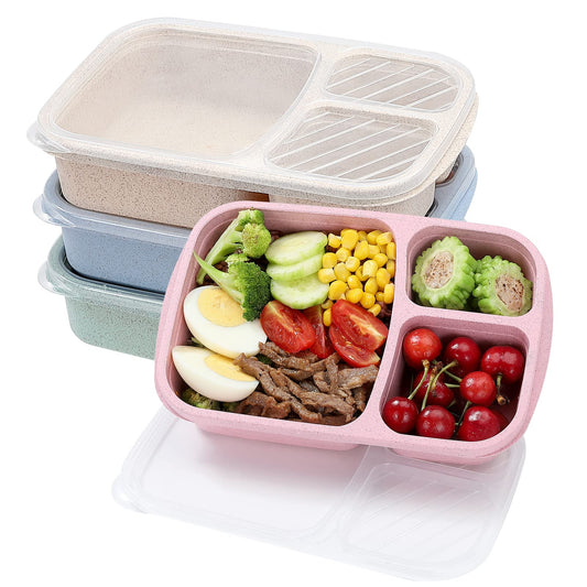 buluker 4 Pack Bento Lunch Box Set 3 Compartment Food Storage Containers Wheat Straw Meal Prep Lunch Box Plastic Food Storage Containers, Microwave and Dishwasher Safe (light colour)