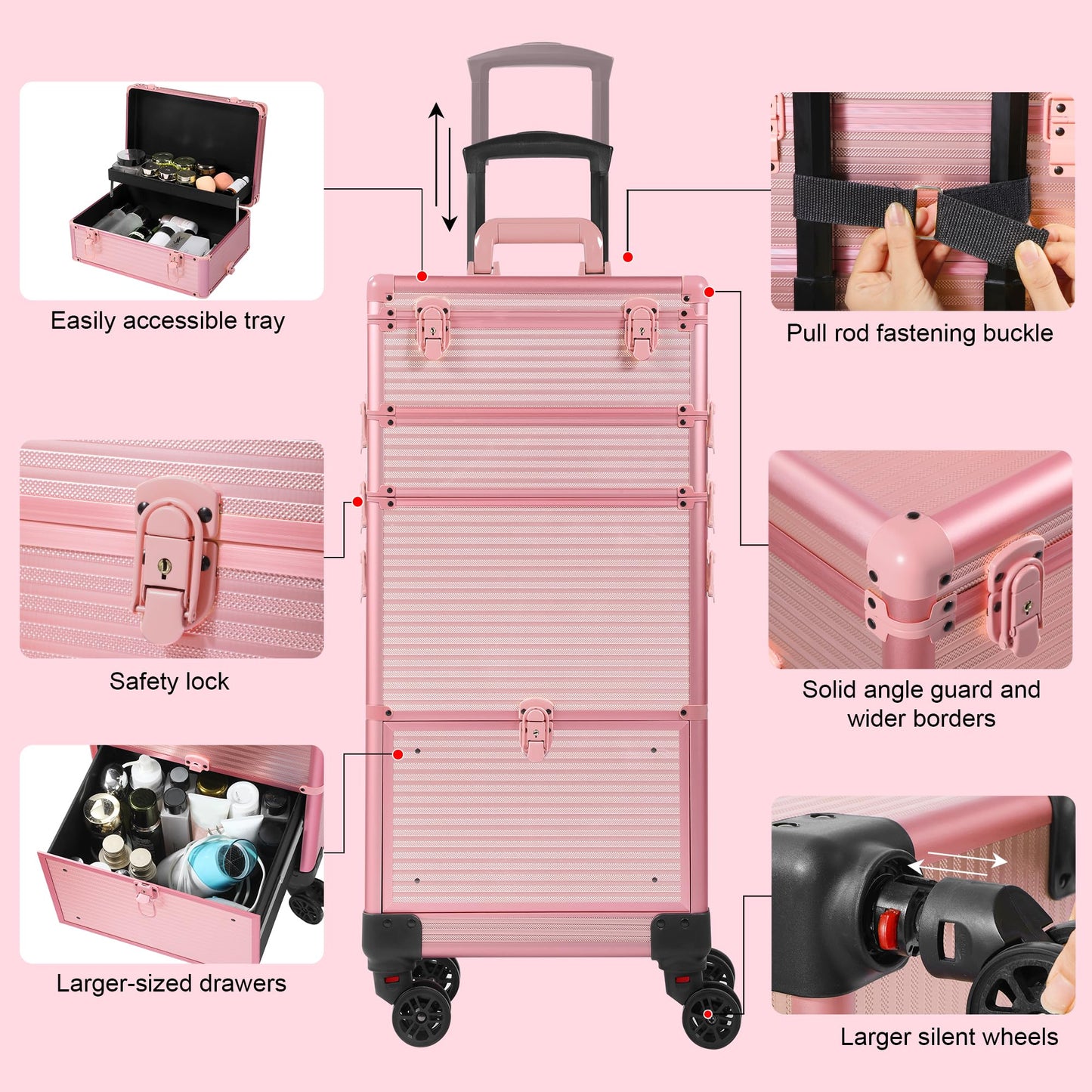 Somduy Makeup Train Case with Drawer, Rolling Makeup Case, Cosmetology Case on Wheels, Gift, Travel Makeup Organizers, Profesional Cosmetic Case for Salon Barber,Nail,Tattoo, Pink