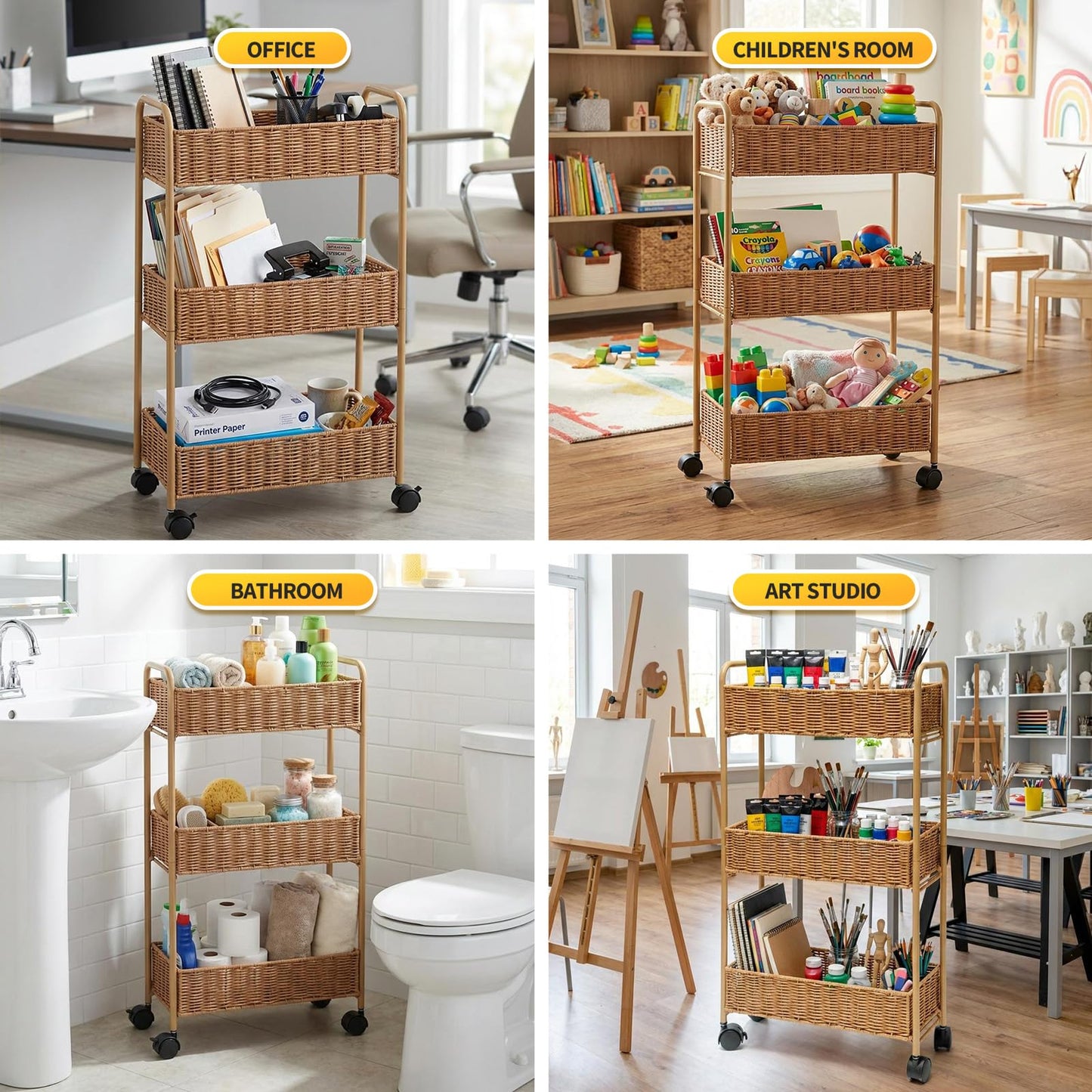 FOCHIER F Utility Slim Storage Cart,3-Tier Rolling Kitchen Office Laundry Room Cart,Mobile Shelving Unit Organizer for Living Room Bathroom Baby Diaper Narrow Places (Natural, 3 Tiers-7.1 inch (W))
