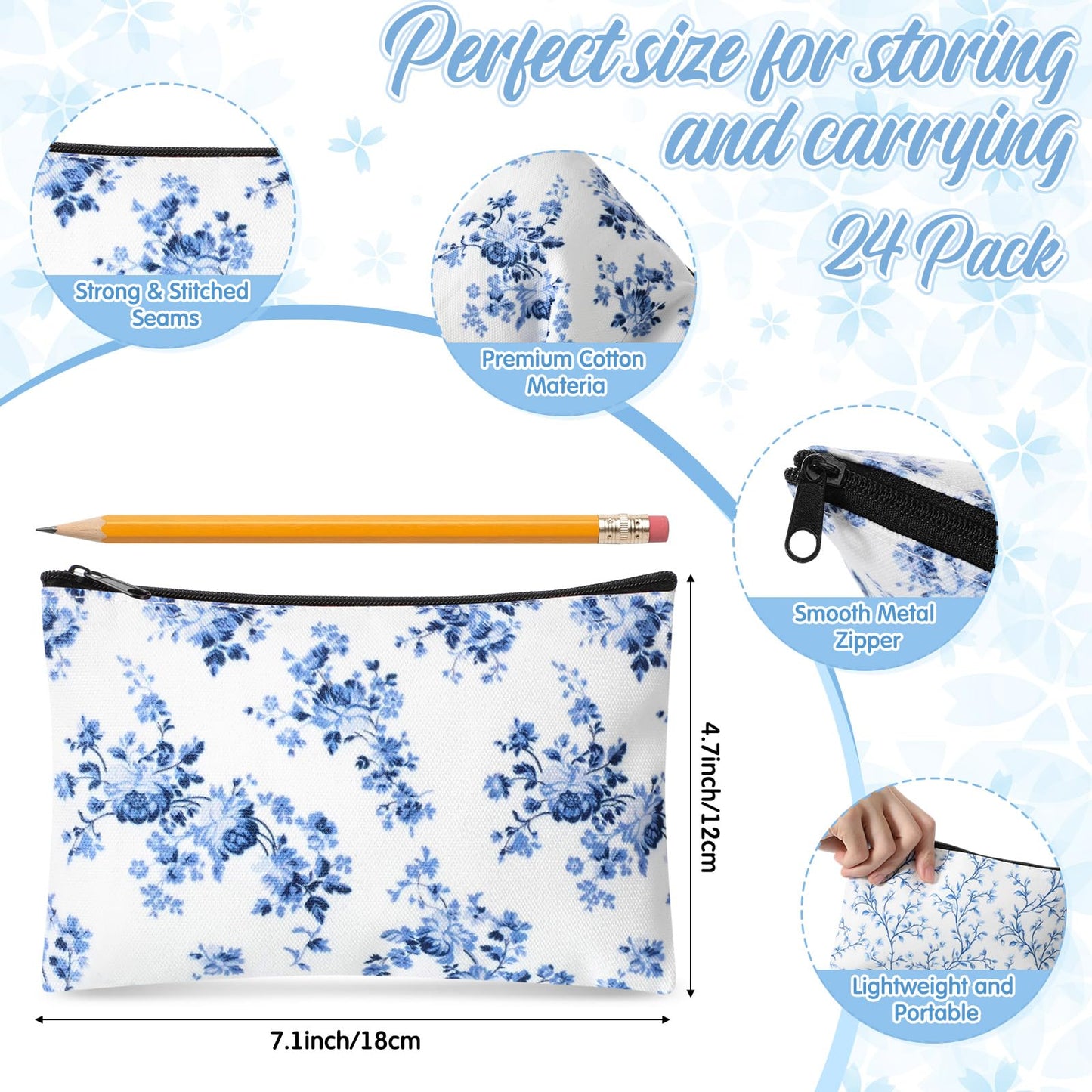 Shinylin 24 Pcs Blue and White Floral Canvas Makeup Bag Bulk Double Sided Printed Blue Wildflower Cosmetic Bags with Zipper Chinoiserie Canvas Travel Toiletry Pouch for Women Bridesmaids Bridal Shower