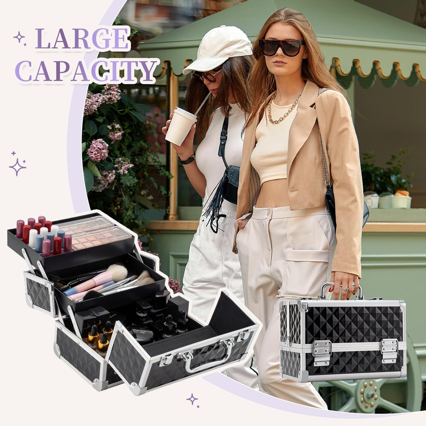 Leeora&Leekoo Makeup Train Case Cosmetic Box Portable Makeup Case Organizer 2 Trays Makeup Storage for Cosmetologist Aesthetic Supplies Nail Tech Traveling Makeup Box (Watercube)
