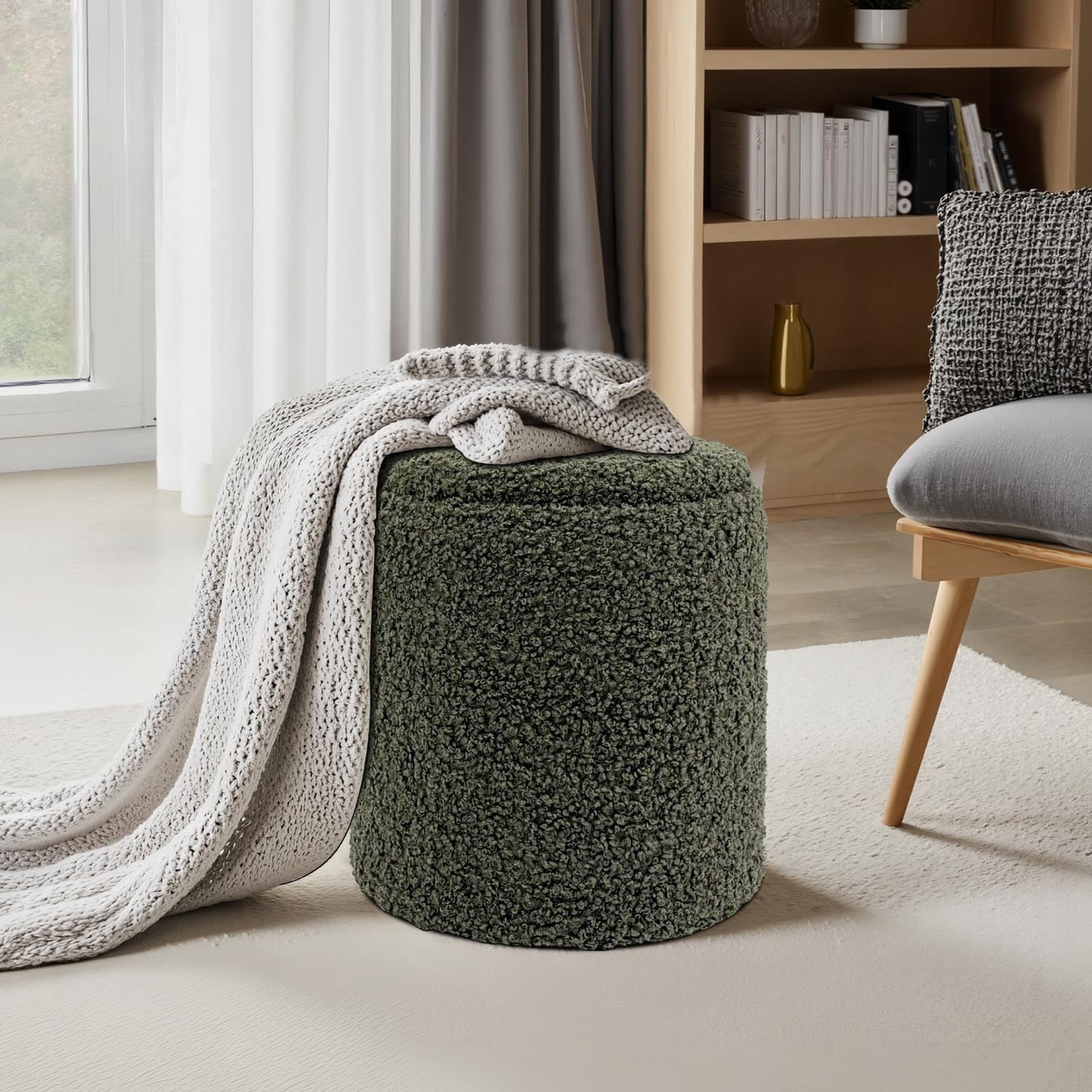 Get Set Style Modern Round Ottoman with Soft Padded Seat, Storage Vanity Stool for Makeup, Upholstered Footrest Stool Ottoman Foot Stool for Living Room, Bedroom