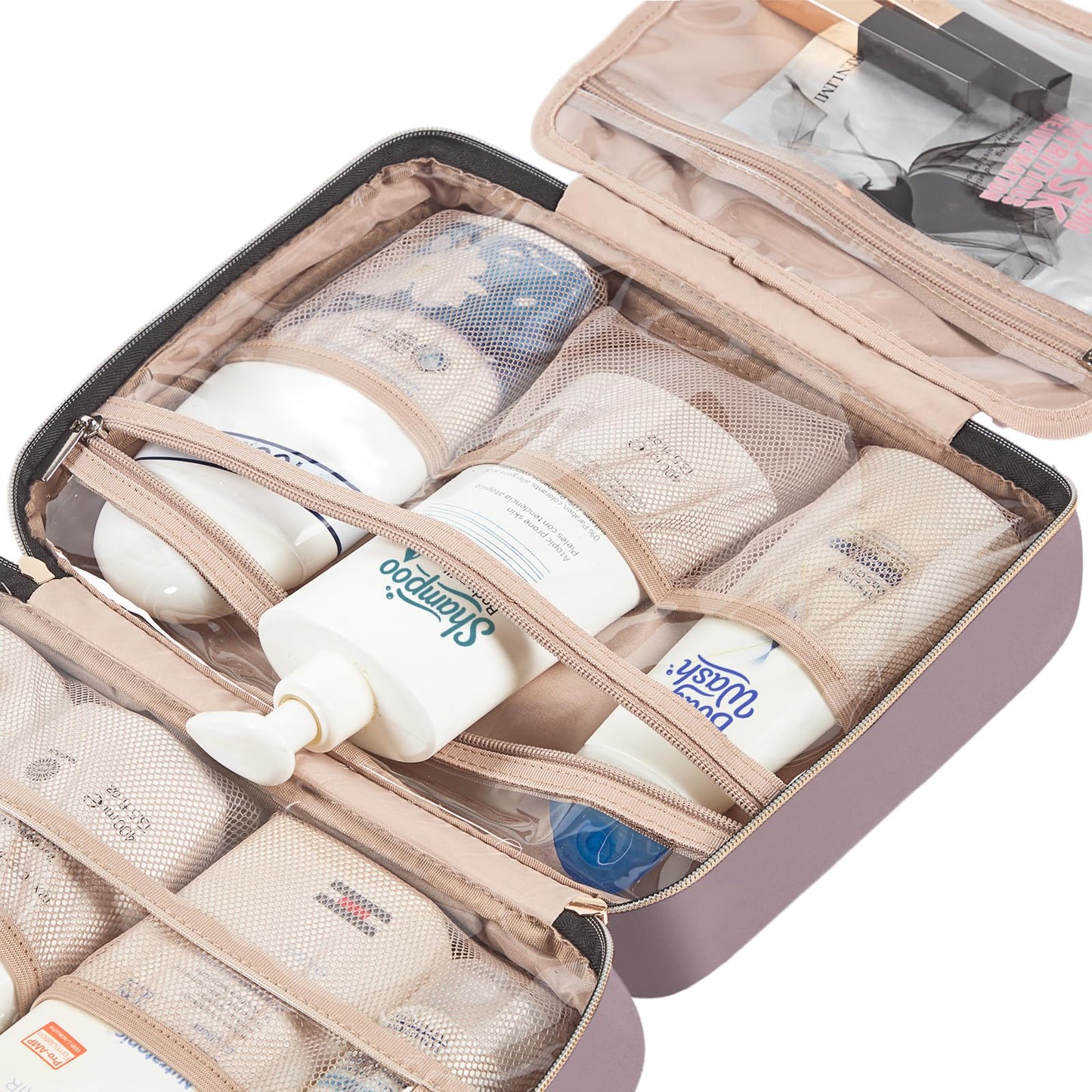 NISHEL Travel Toiletry Bag for women, Portable Hanging Organizer for Full-Sized Shampoo, Conditioner, Brushes Set, Makeup Accessories, Large Size, Peach Pink