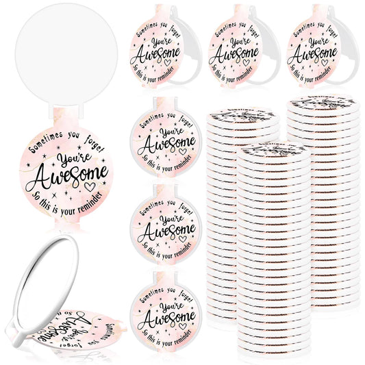Huwena 100 Pcs Inspirational Compact Mirror Bulk Mini Gifts Women Round Purse Pocket Mirror, Mothers Day Employee Appreciation Gifts, Wedding Party Favors for Guests(Pink,Inspirational)