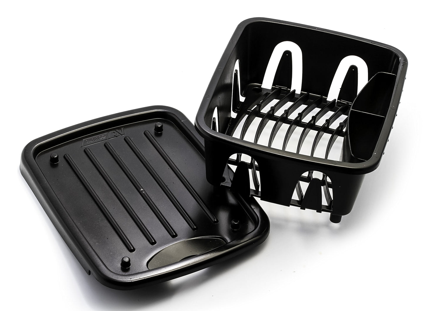 Camco RV Mini Dish Drainer & Tray - Features a Sloped Drain Tray Design, Heavy-Duty Construction - Ideal for Small Spaces, Apartments, Boats, and More -9.5"L x 11.7"W x 4.75"H - Black (43512)