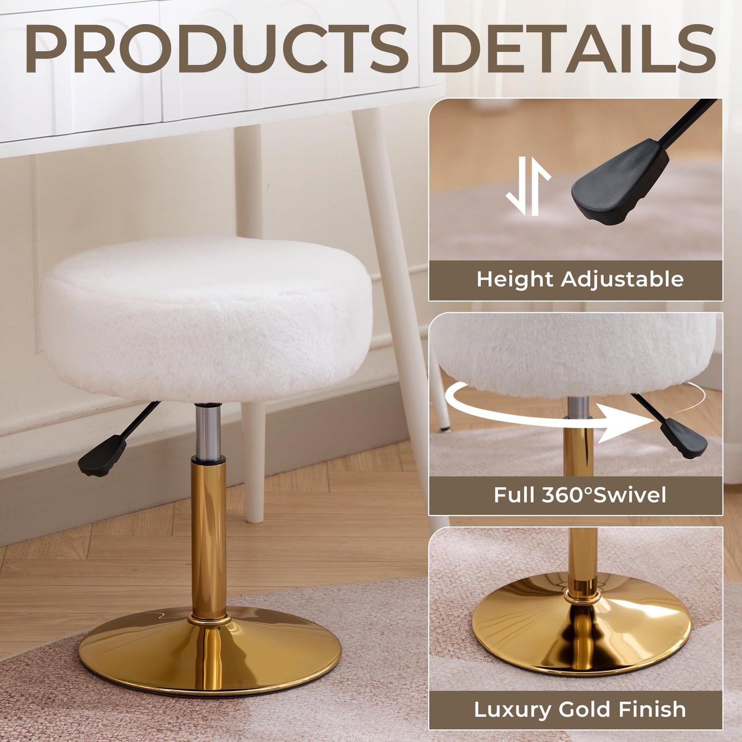 Xenothos Vanity Chair Adjustable Vanity Stool for Vanity Swivel Vanity Stool Chair Ottoman Gold Base White