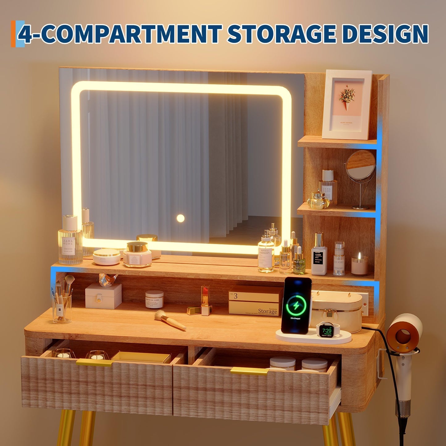 Garvee Makeup Vanity Desk with Mirror and Lights, Fluted Design, 31 in Small Storage Cabinet & 2 Drawers, 3 Lighting Modes, Stylish Dressing Table for Bedroom