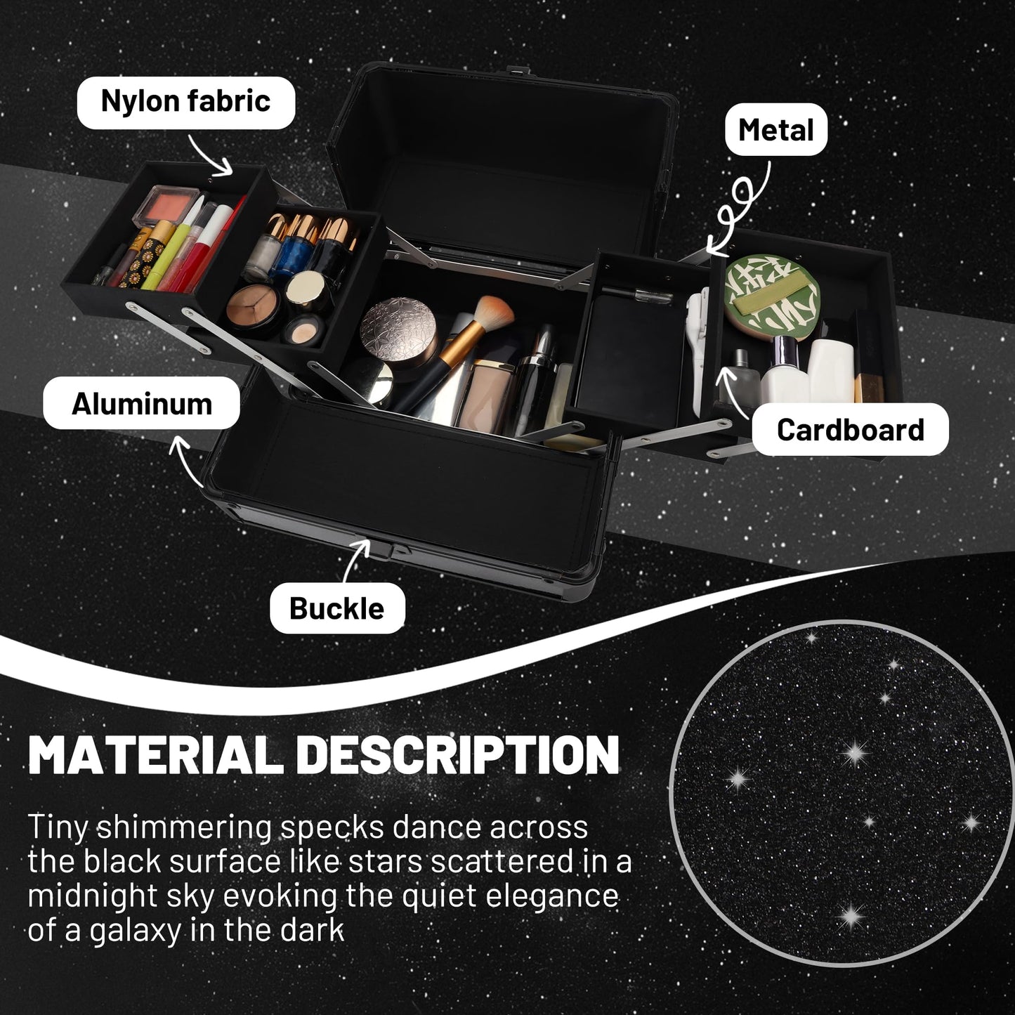 HAISKY Makeup Train Case, 10.2 in Hard Vanity Makeup Box Organizer, Starry Black Cosmetic Organizer Case with 4 Trays, Lockable Portable Makeup Artist Travel Case for Nail Tech Supplies