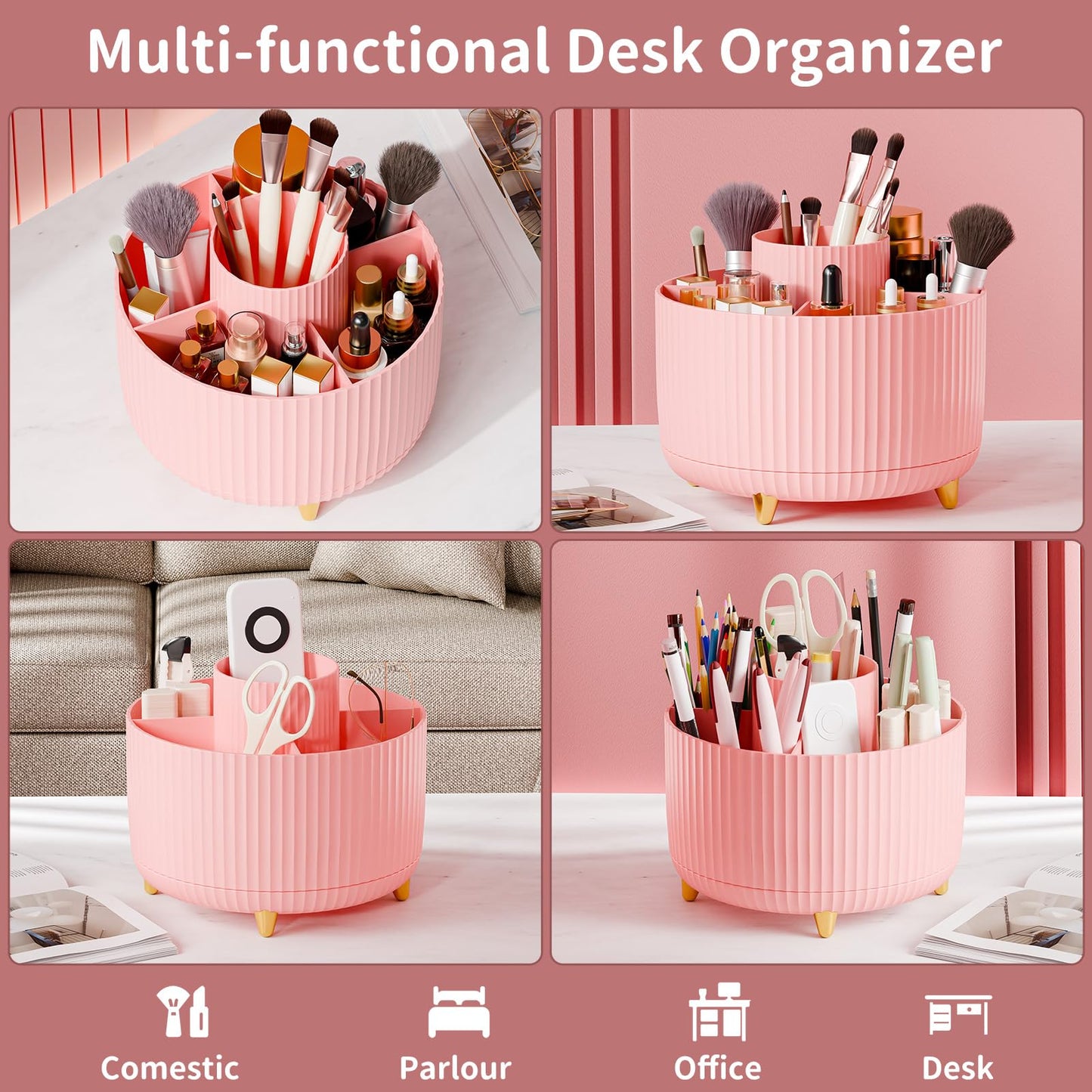 fanado 360° Rotate Makeup Brush Holder Organizer, Makeup Organizers Countertop, Makeup organization and Skincare Storage for Vanity, Desktop, Bathroom (Pink)