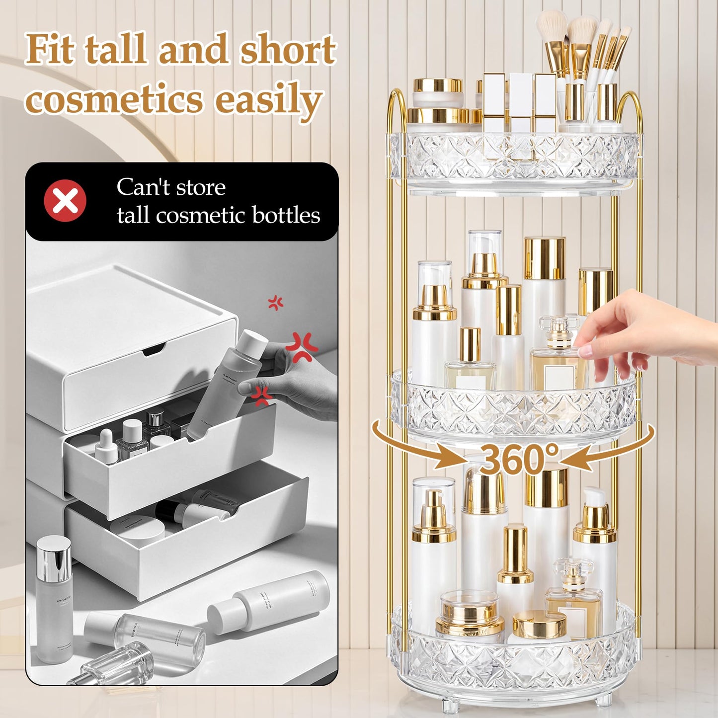 LAREKUN 360 Rotating Makeup Organizer for Vanity, 3 Tier Adjustable Perfume Organizer for Dresser, Multi-Function Spinning Cosmetics Skincare Storage for Bedroom, Dresser, Countertop, Clear