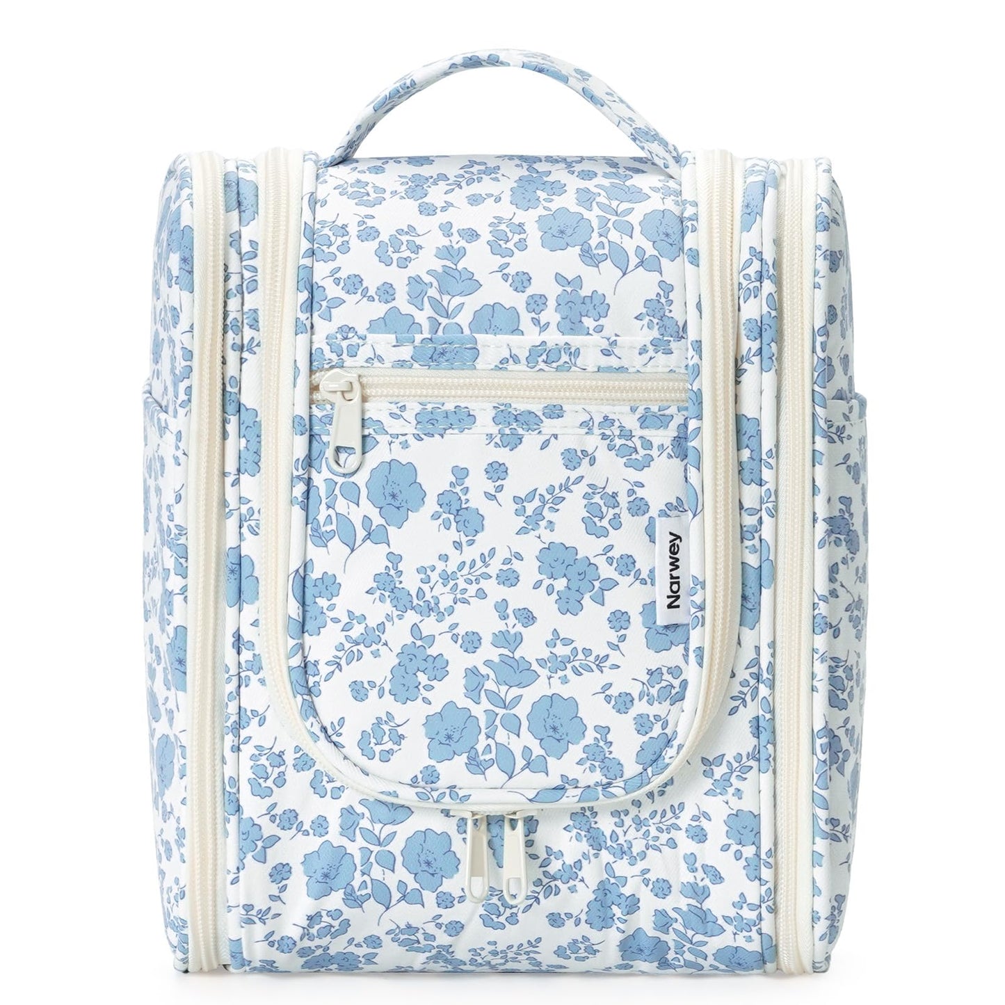 Narwey Hanging Toiletry Bag Women Travel Makeup Bag Organizer Toiletries Bag for Travel Size Essentials Accessories Cosmetics (Medium,Blue Flower)