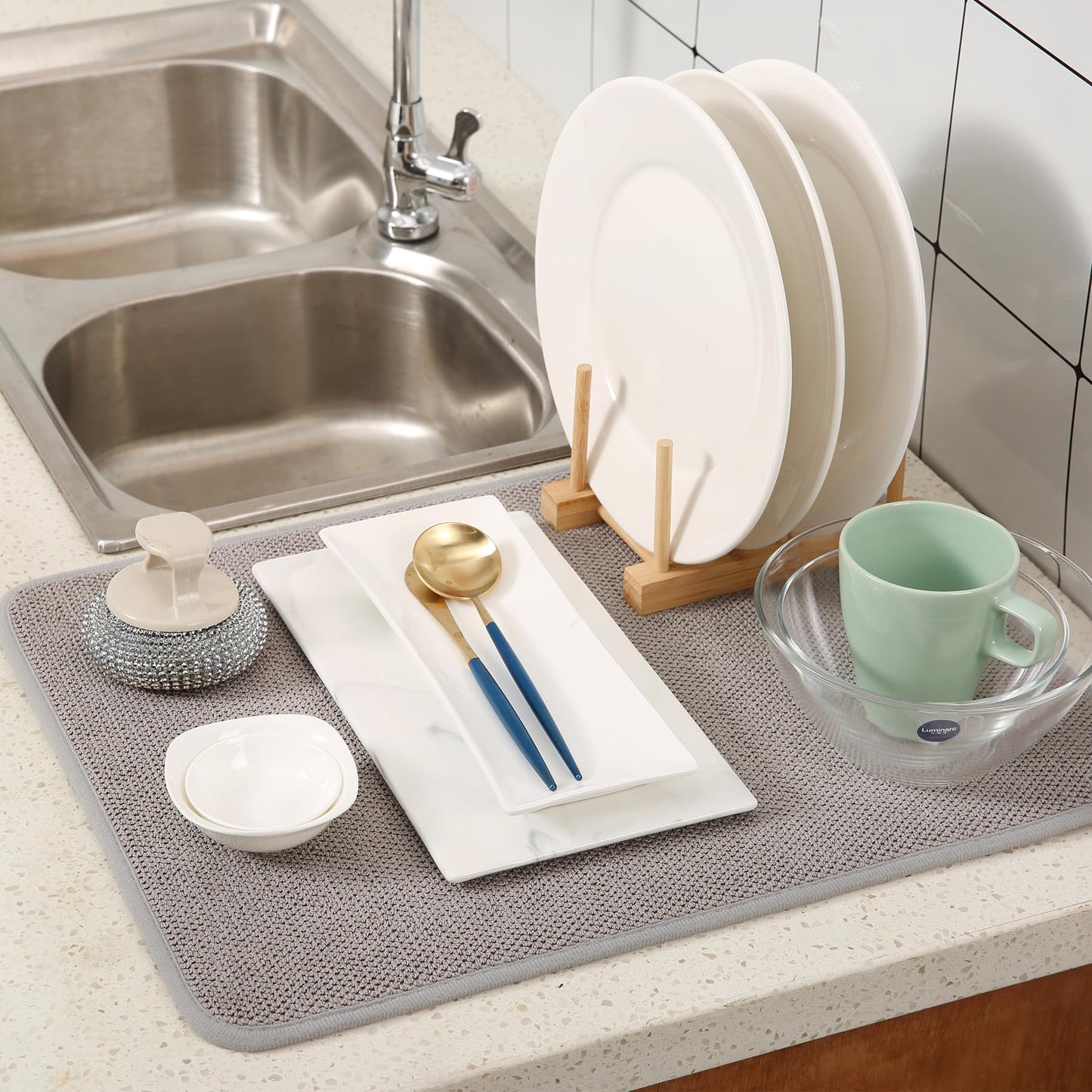 VESHE 2 Pack Microfiber Dish Drying Mat for Kitchen Counter,Ultra Absorbent Dish Drainer Mat ,Dish Drying Pad , Dish Rack Mat 20×15 Inch (Gray)