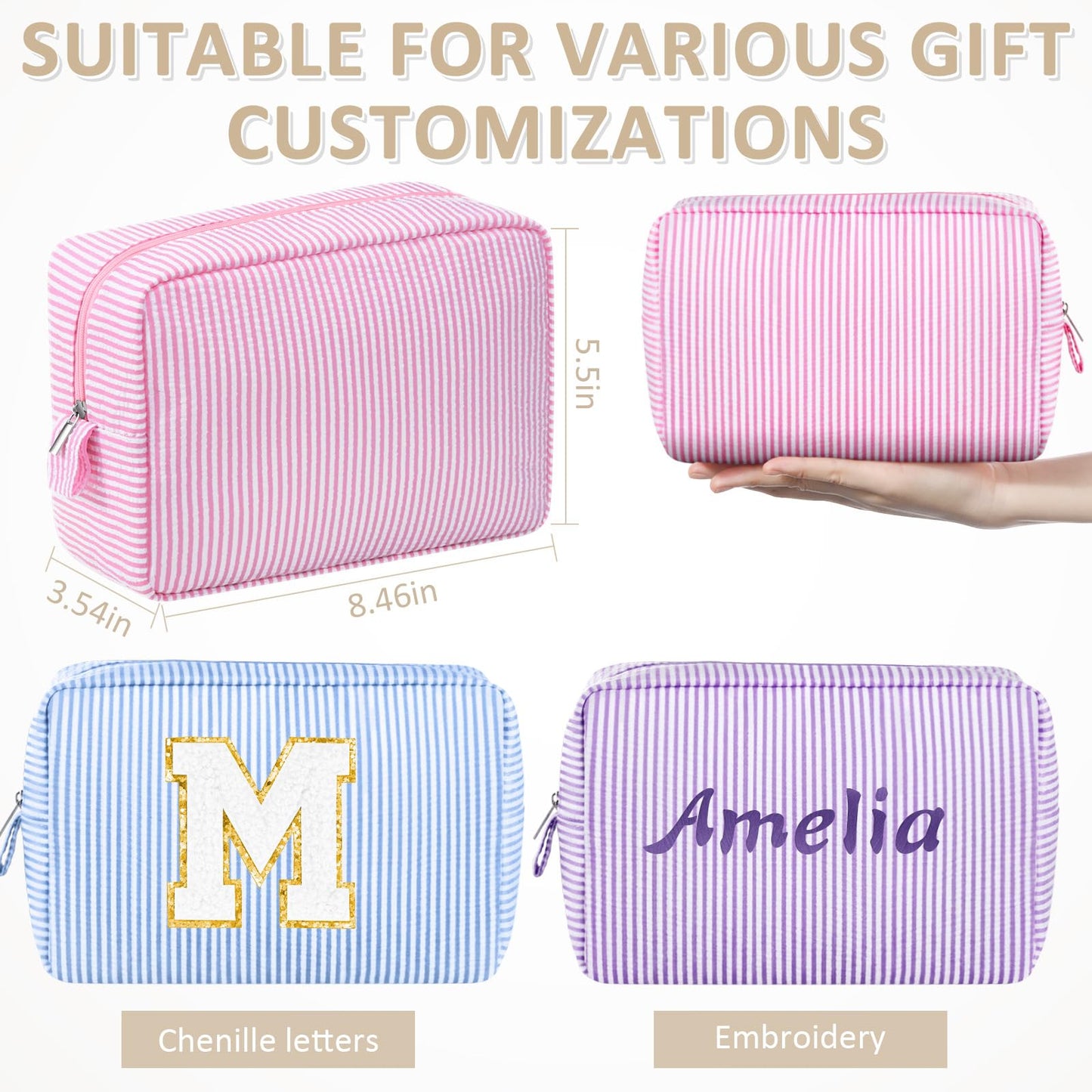 Sanwuta 3 Pcs Seersucker Makeup Bags Seersucker Cosmetic Bags Striped Women Large Travel Toiletry Organizer Preppy Storage Pouch for Embroidery Wedding Bridesmaid Gifts(Pink, Light Blue, Purple)