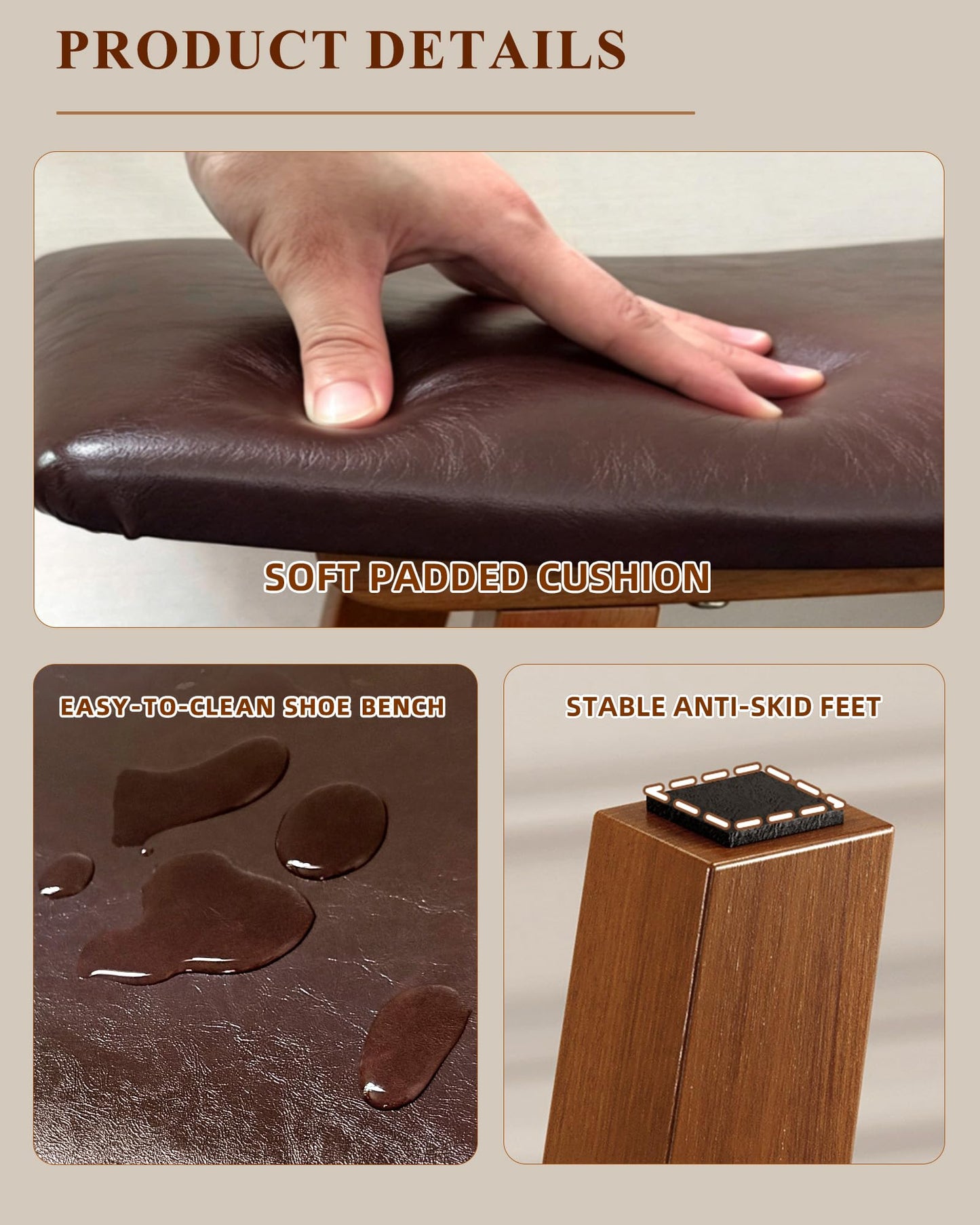 IUNVR Solid Wood Vanity Stool Chair with Leather Cushion, Comfortable Makeup Vanity Stool, Small Stool for Vanity Use, Backless Vanity Chair, Compact Makeup Chair for Bedroom & Study
